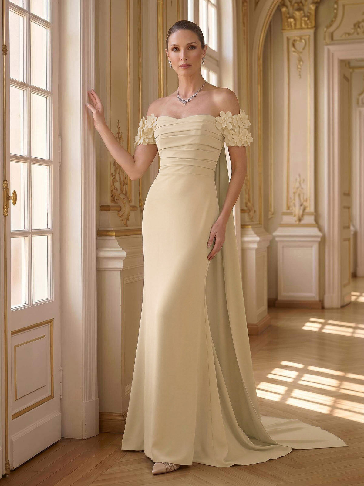 Trumpet/Mermaid Off-The-Shoulder Short Sleeves Sweep Train Elastic Satin Evening Dresses in Rose Gold, US2