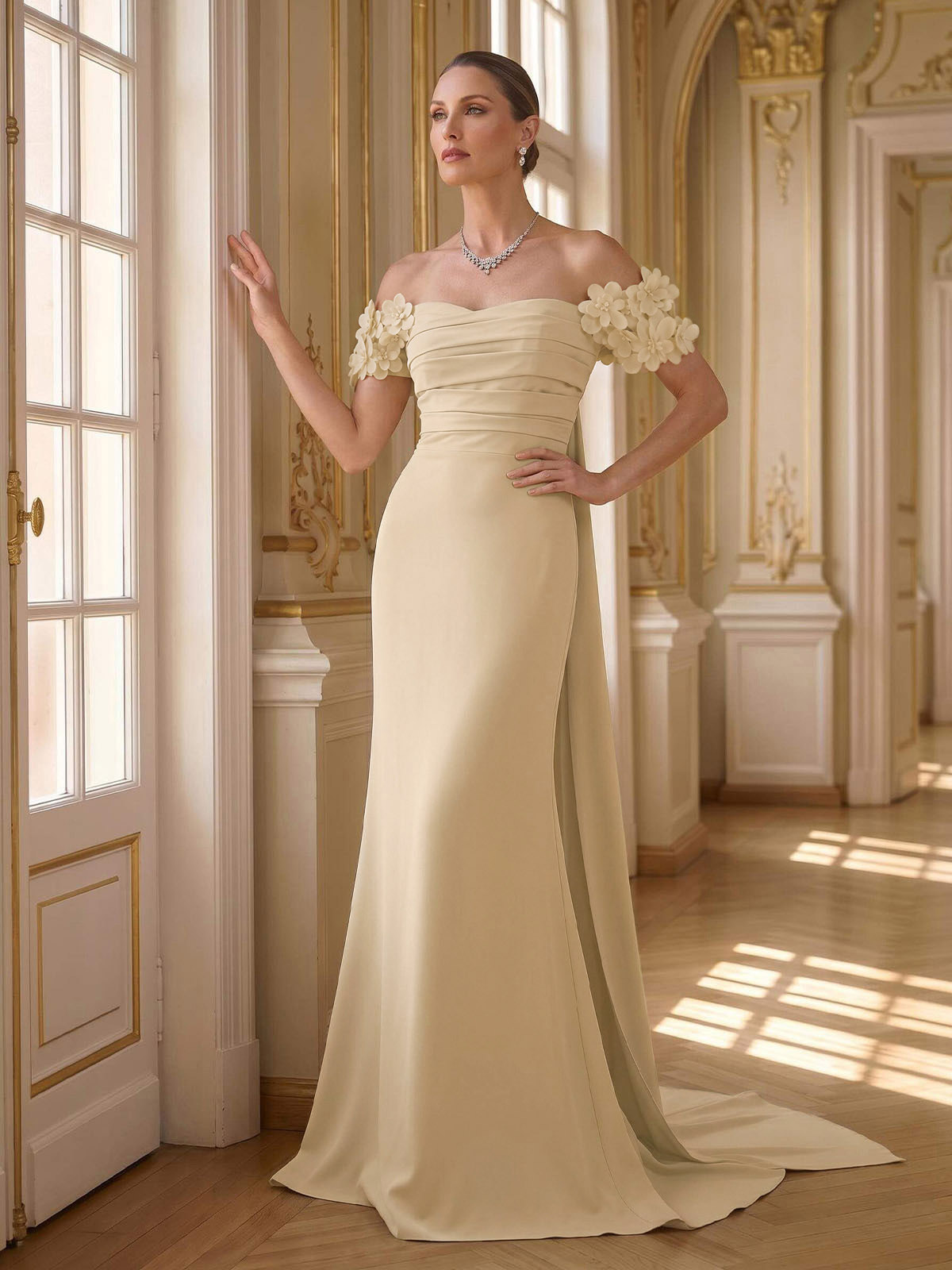 Trumpet/Mermaid Off-The-Shoulder Short Sleeves Sweep Train Elastic Satin Evening Dresses, supplier image 2