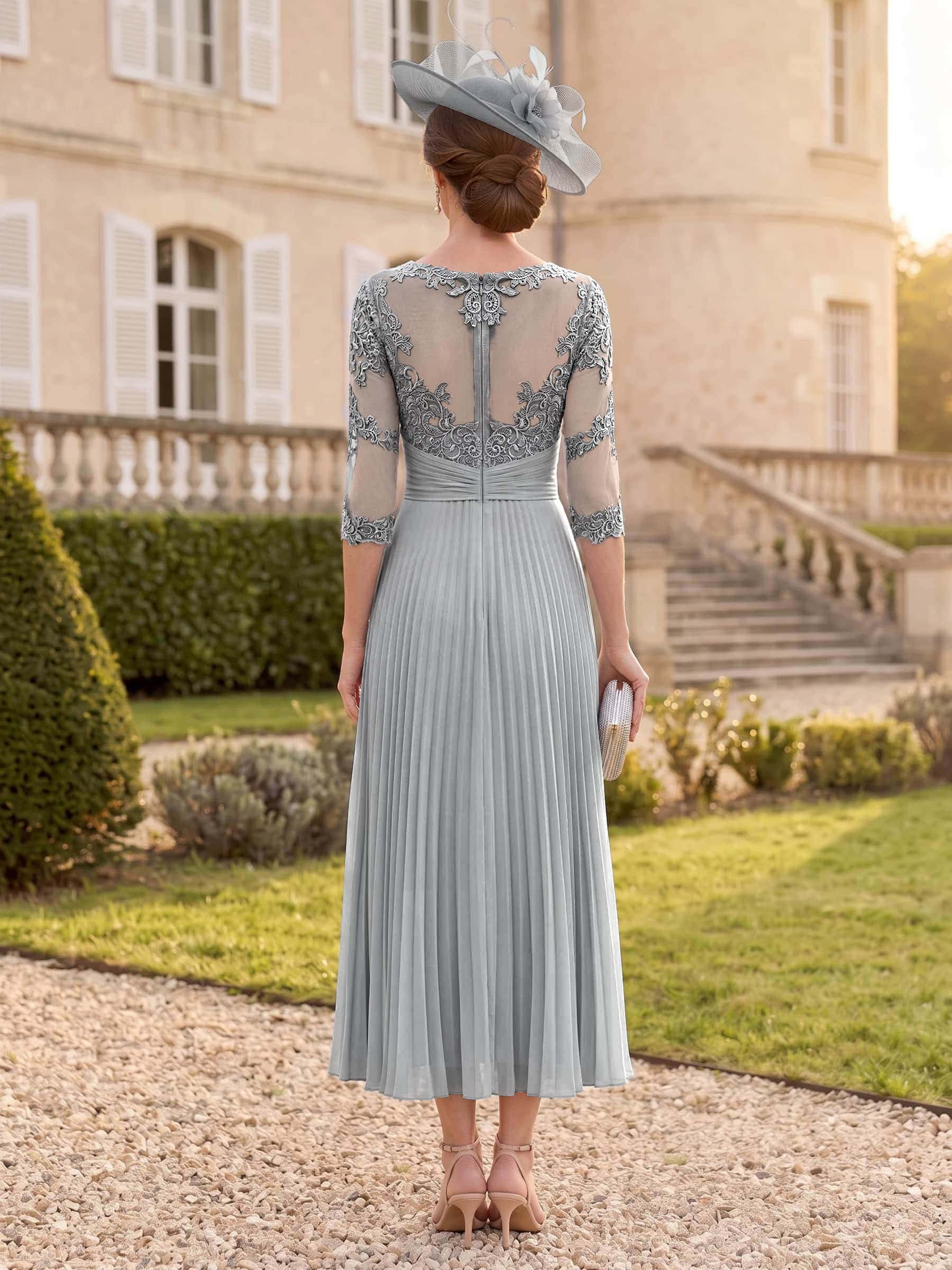 A-Line Illusion Neck 1/2 Sleeves Ankle-Length Chiffon Mother Of The Bride Dresses
