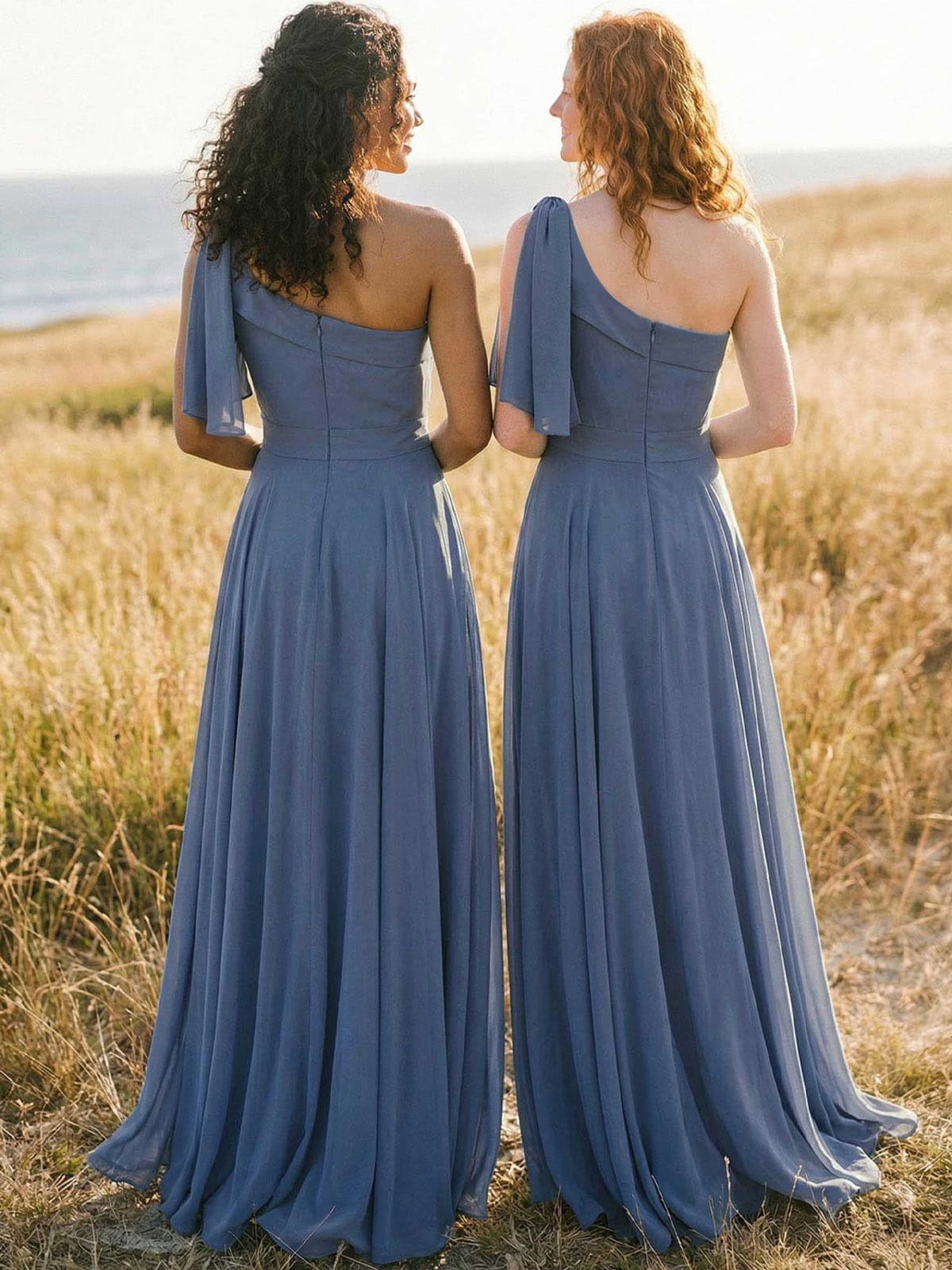 A-Line One-Shoulder Sleeveless Floor-Length Chiffon Bridesmaid Dresses With Bow(s)/Pockets, product image 2