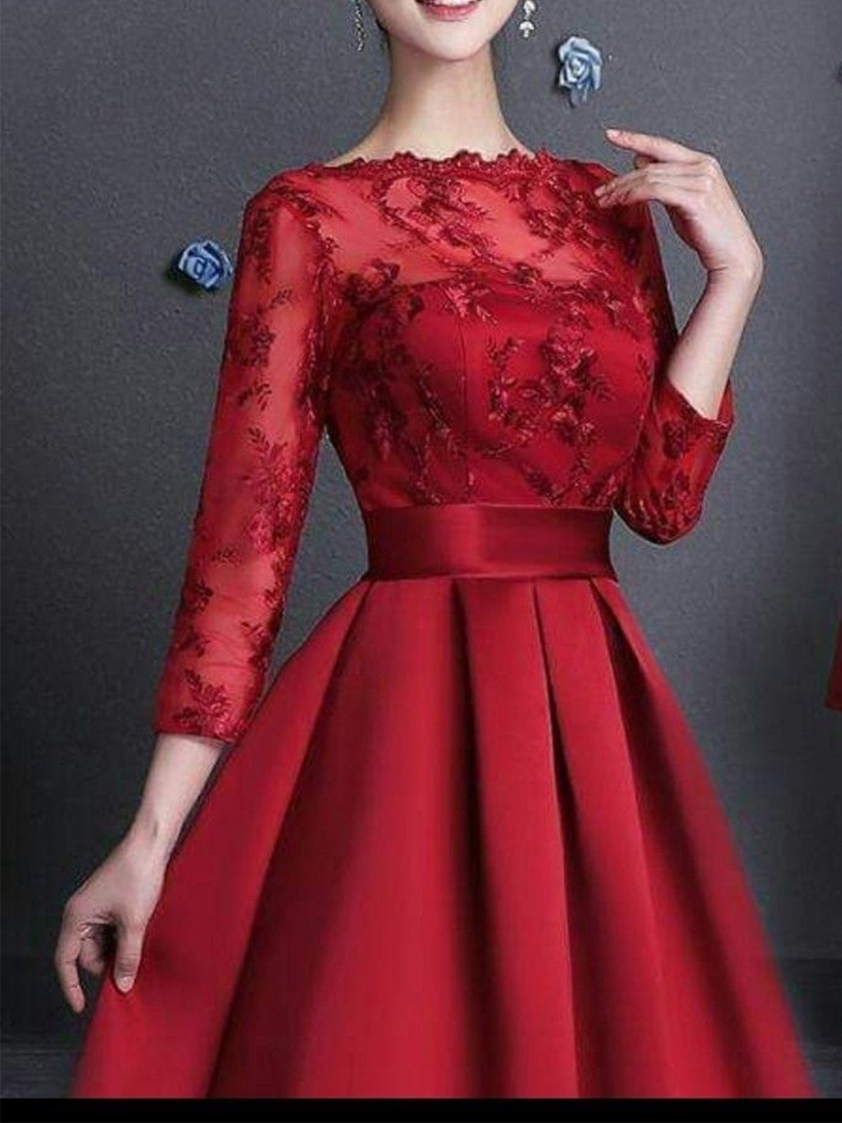 A-Line Scoop Neck 3/4 Sleeves Tea-Length Lace/Satin Evening Dresses With Bow, supplier image 2