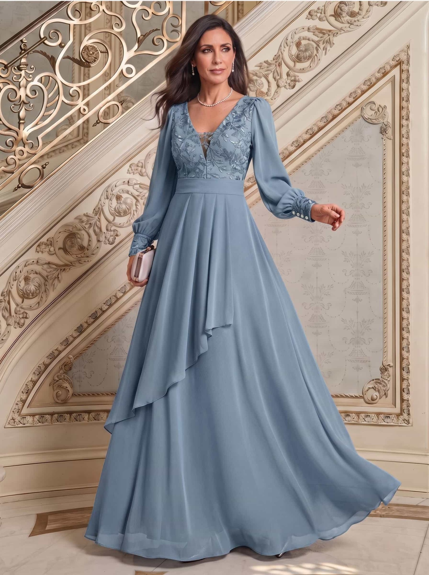 Elegant A-Line V-Neck Long Sleeves Floor-Length Chiffon Mother Of The Bride Dresses, image 6