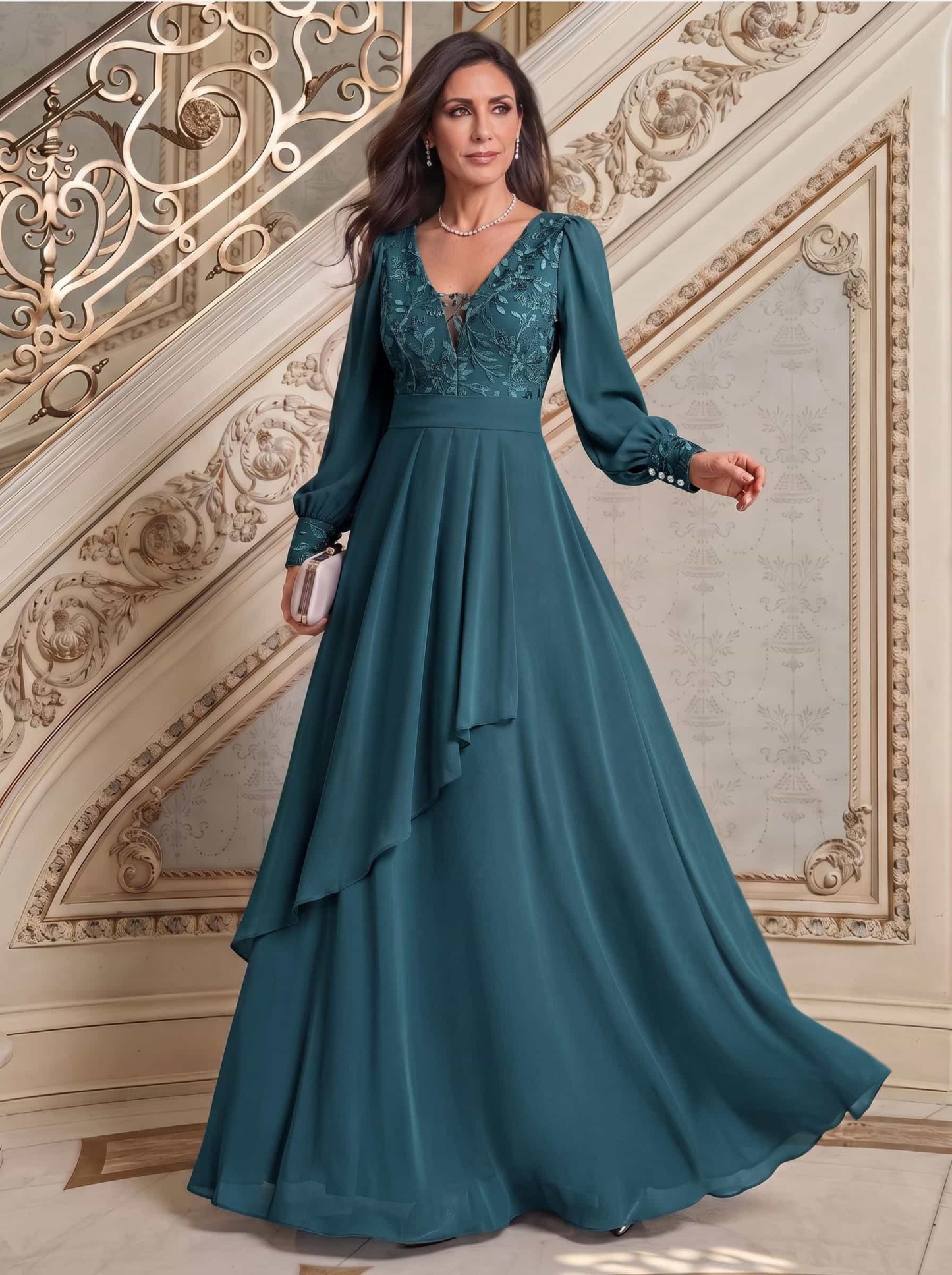 Elegant A-Line V-Neck Long Sleeves Floor-Length Chiffon Mother Of The Bride Dresses, image 9