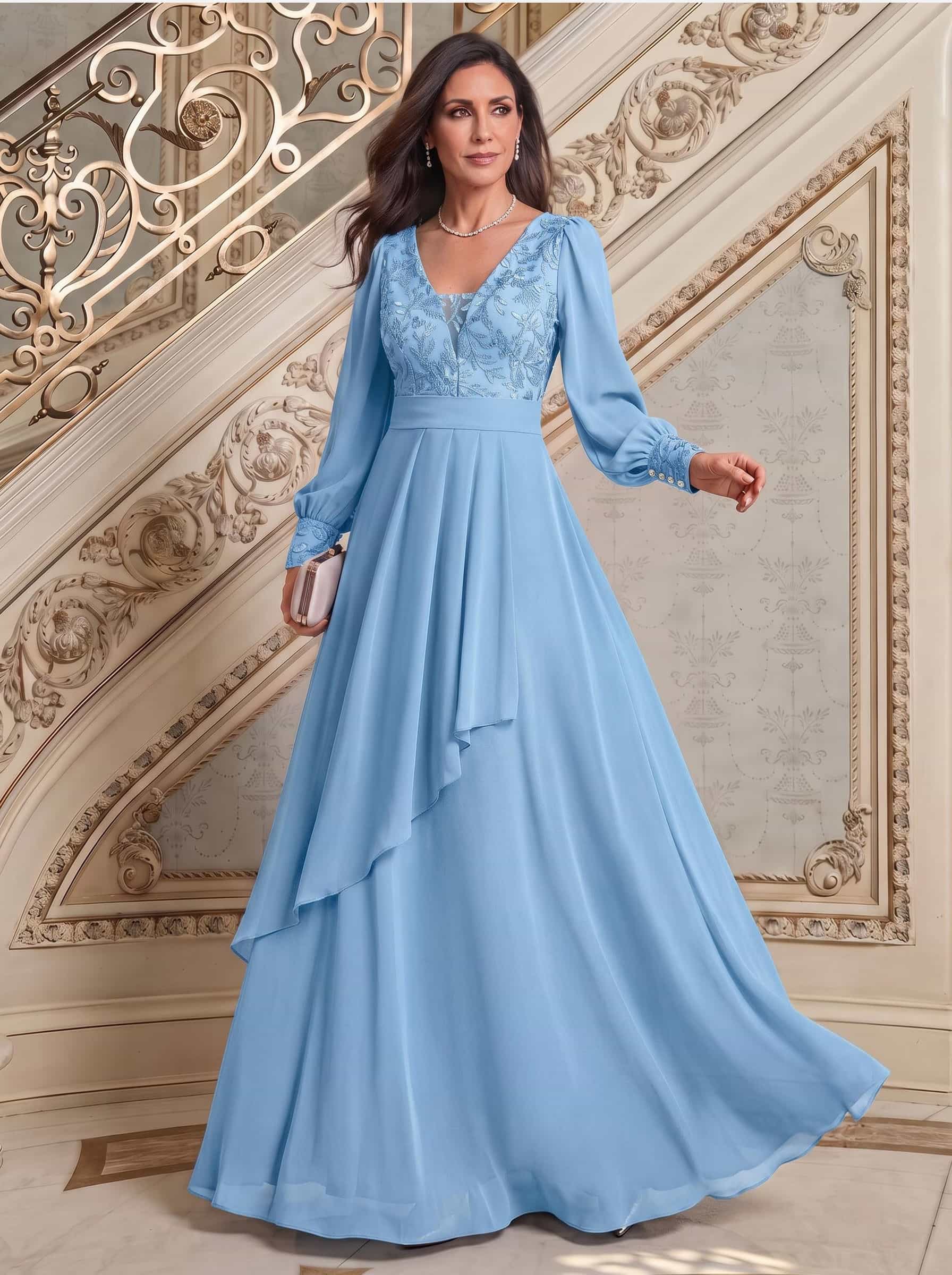 Elegant A-Line V-Neck Long Sleeves Floor-Length Chiffon Mother Of The Bride Dresses, image 13