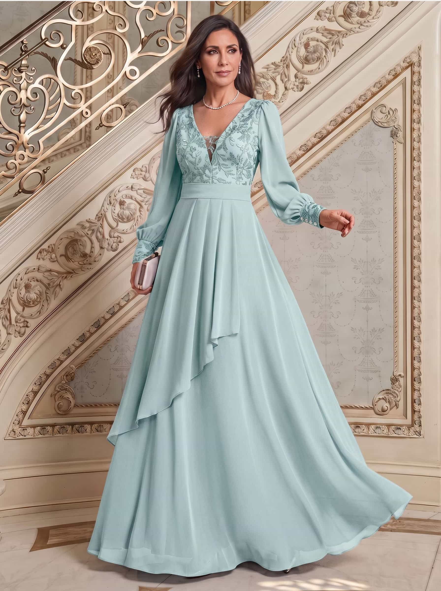 Elegant A-Line V-Neck Long Sleeves Floor-Length Chiffon Mother Of The Bride Dresses, image 15