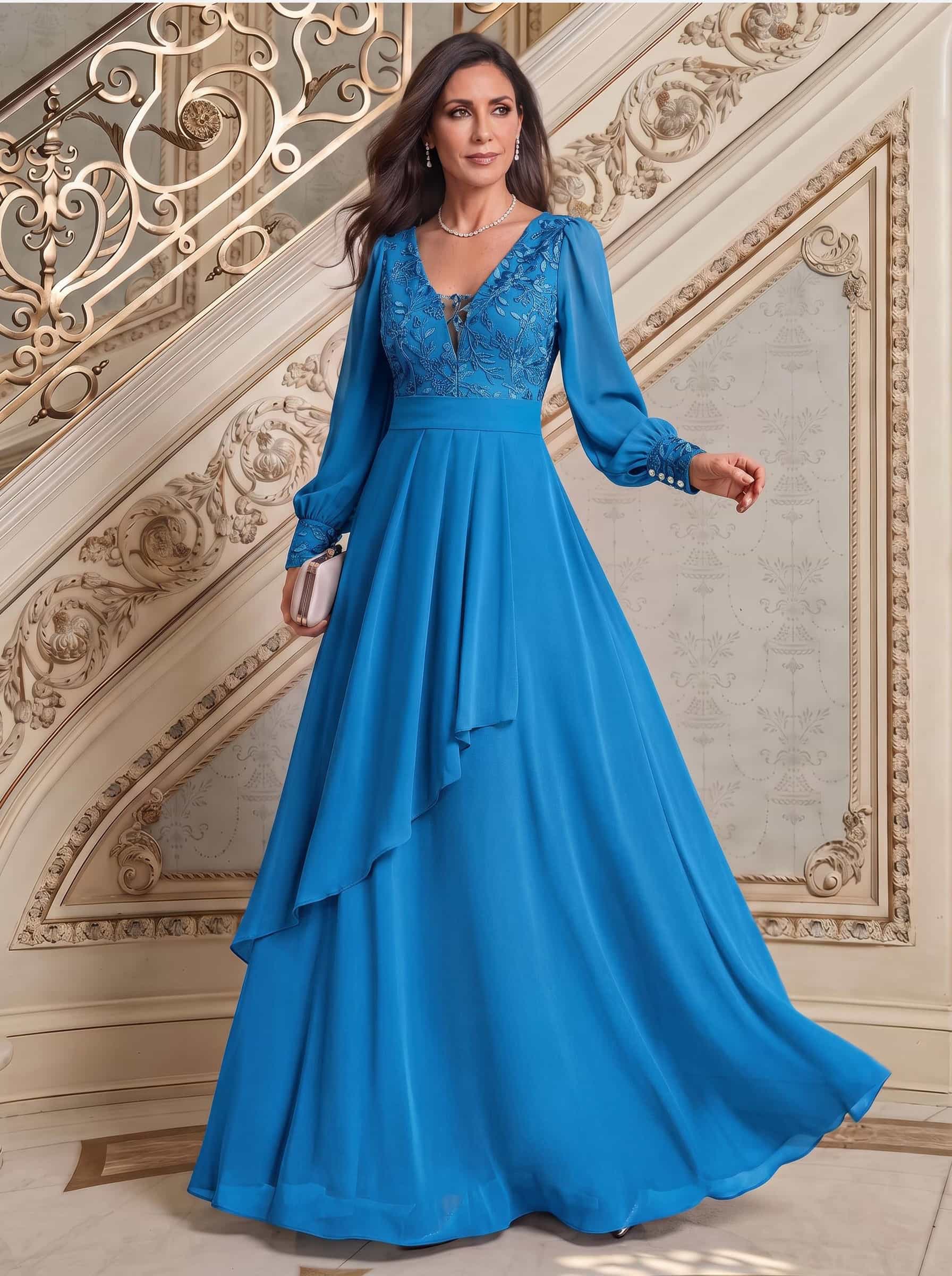 Elegant A-Line V-Neck Long Sleeves Floor-Length Chiffon Mother Of The Bride Dresses, image 11