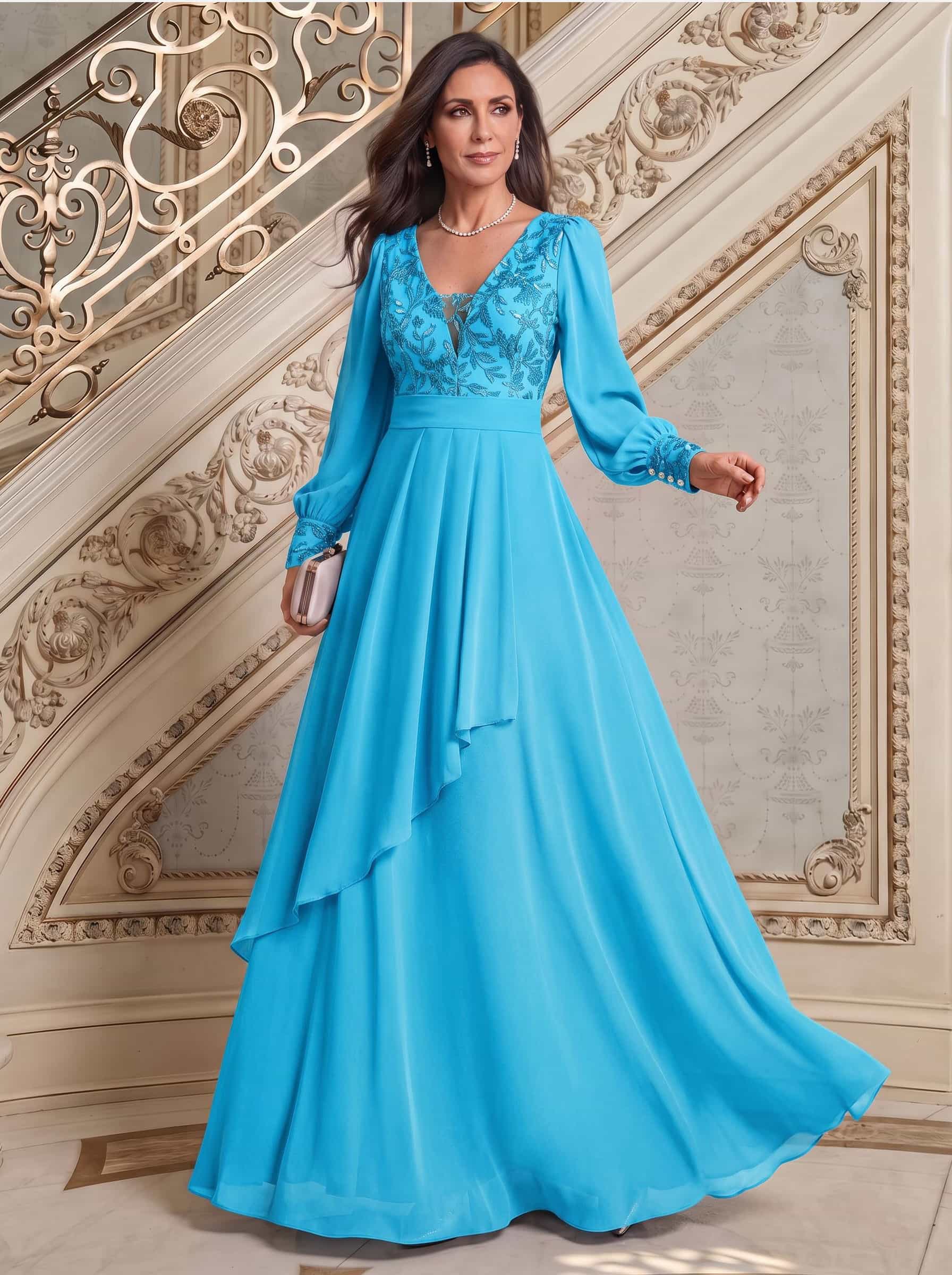 Elegant A-Line V-Neck Long Sleeves Floor-Length Chiffon Mother Of The Bride Dresses, image 12