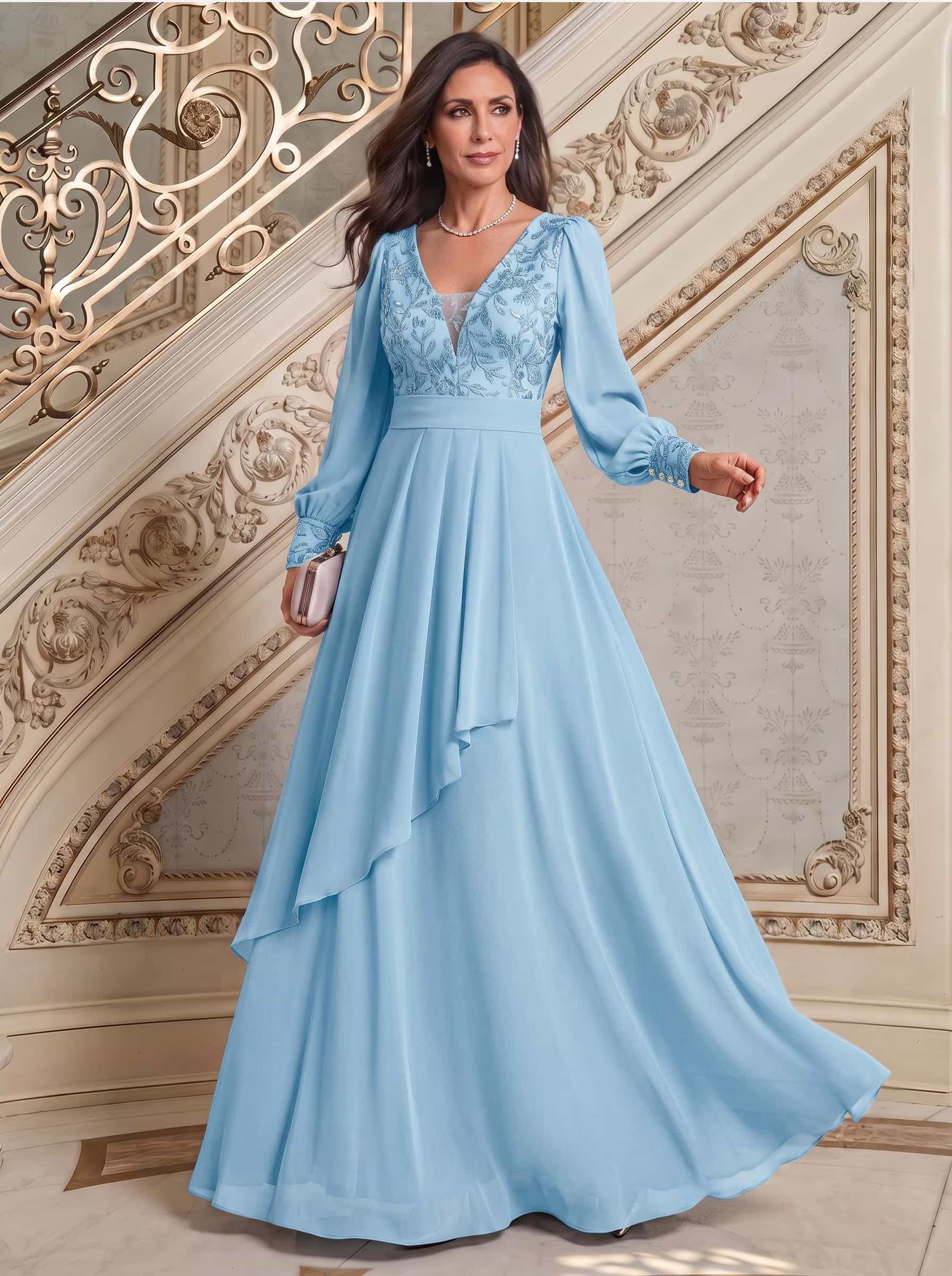 Elegant A-Line V-Neck Long Sleeves Floor-Length Chiffon Mother Of The Bride Dresses, image 14