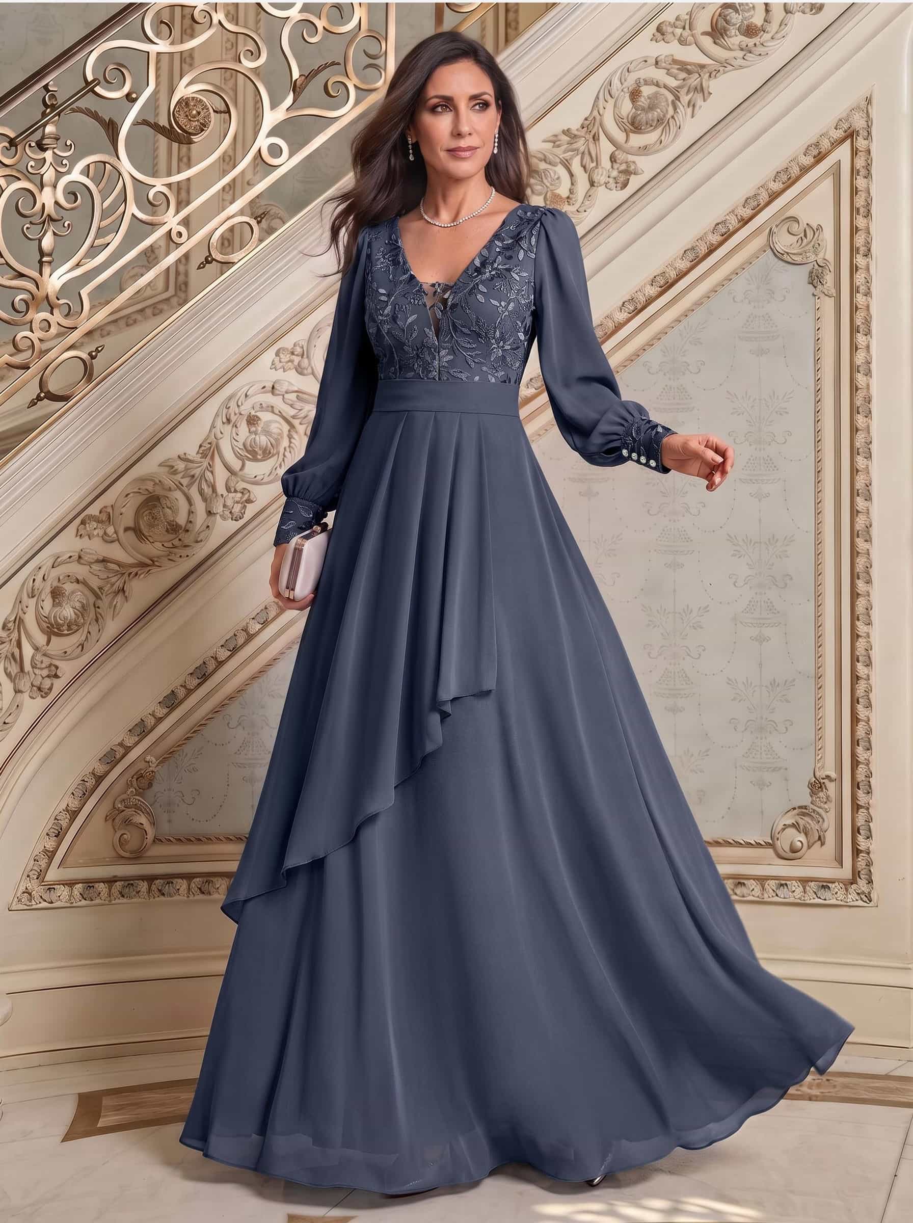 Elegant A-Line V-Neck Long Sleeves Floor-Length Chiffon Mother Of The Bride Dresses, image 8