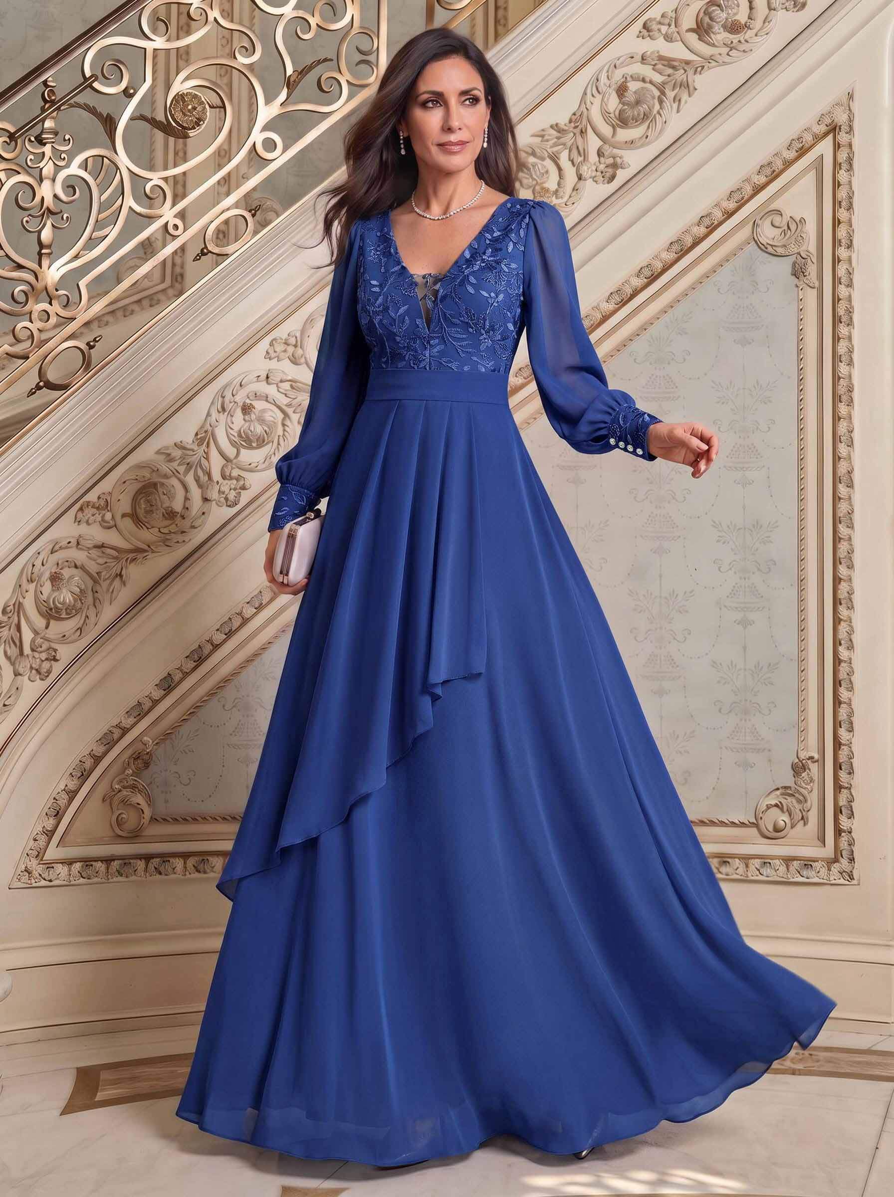 Elegant A-Line V-Neck Long Sleeves Floor-Length Chiffon Mother Of The Bride Dresses, image 10