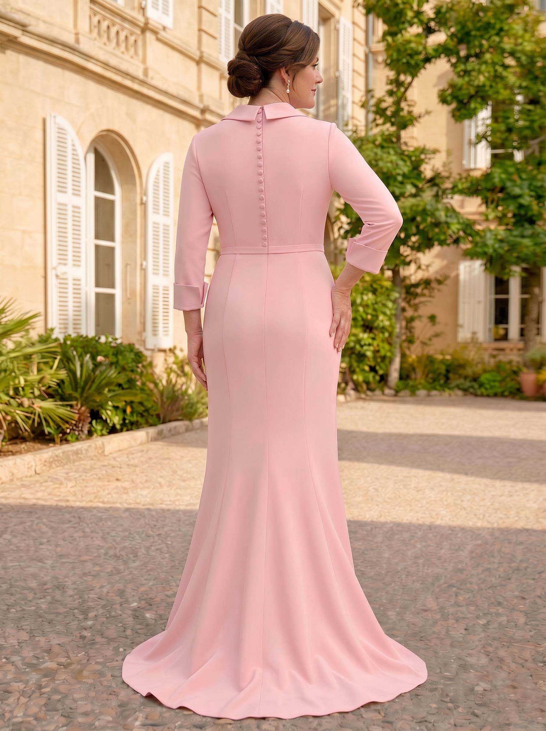 Sheath/Column V-Neck 3/4 Sleeves Sweep Train Elastic Satin Mother Of The Bride Dresses