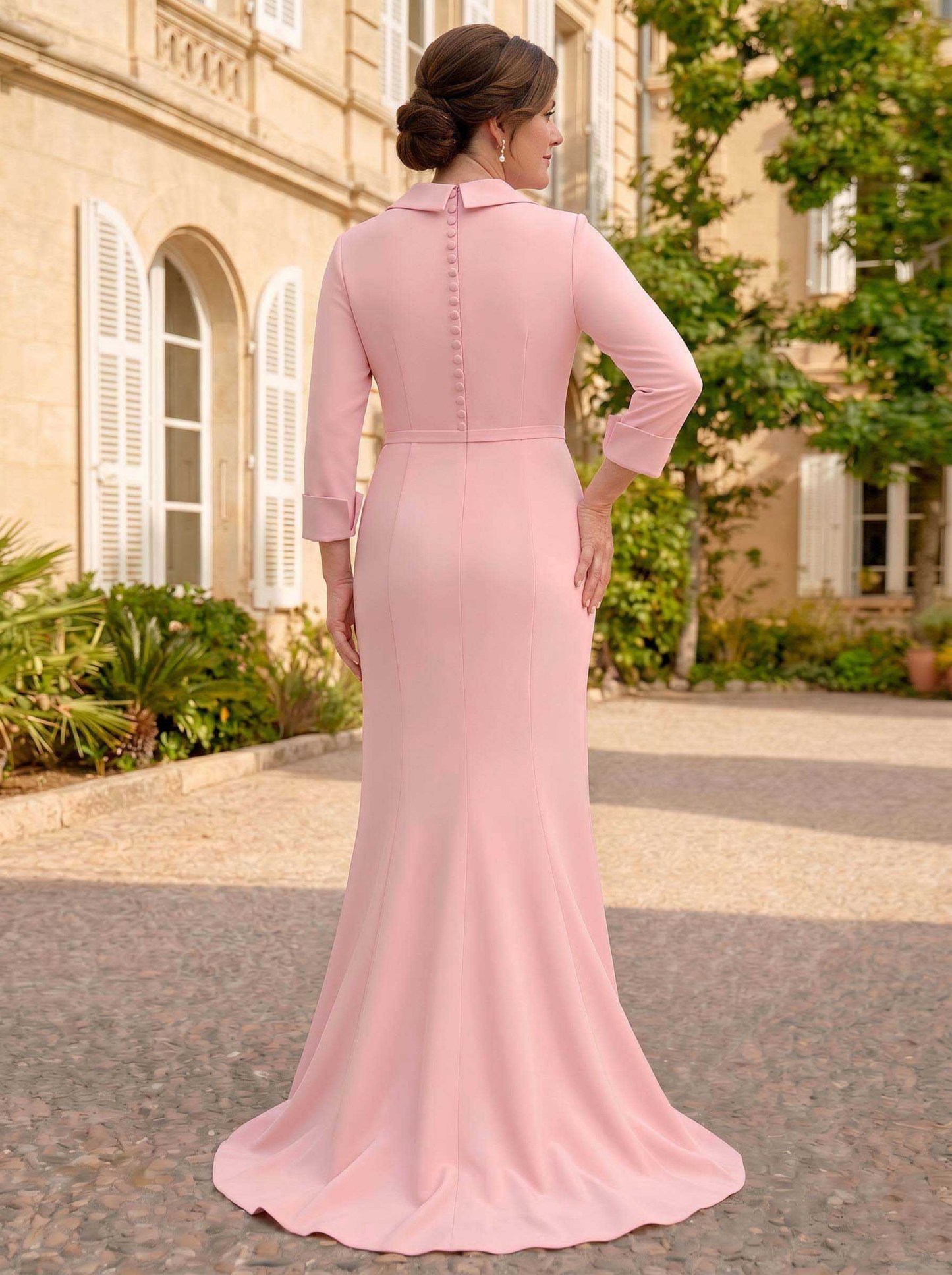 Sheath/Column V-Neck 3/4 Sleeves Sweep Train Elastic Satin Mother Of The Bride Dresses