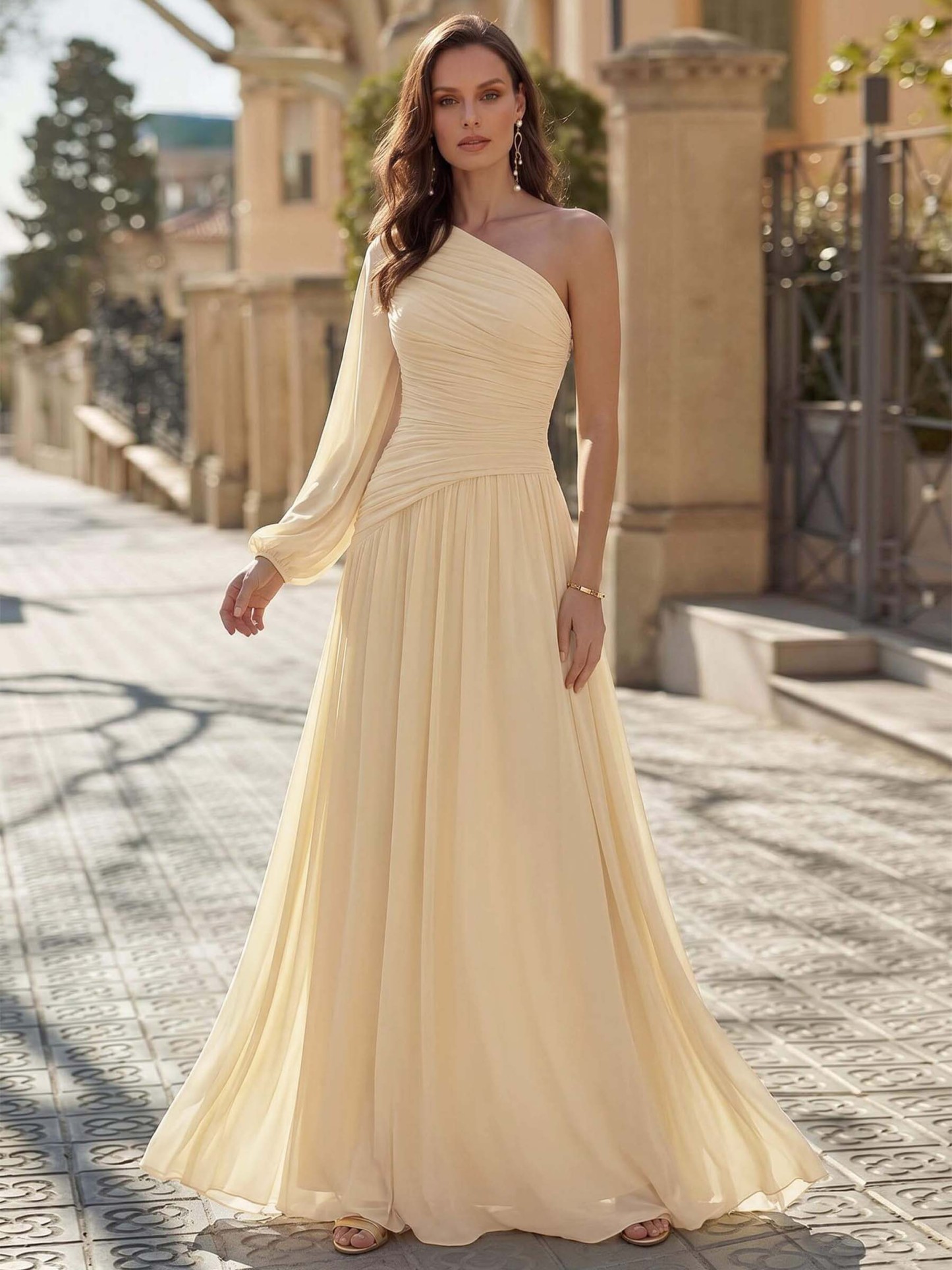 Sheath/Column One-Shoulder Long Sleeves Floor-Length Chiffon Evening Dresses With Pleated in Champagne, US2