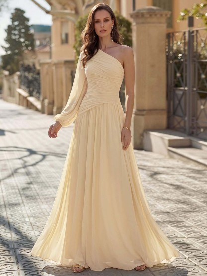 Sheath/Column One-Shoulder Long Sleeves Floor-Length Chiffon Evening Dresses With Pleated in Champagne, US2