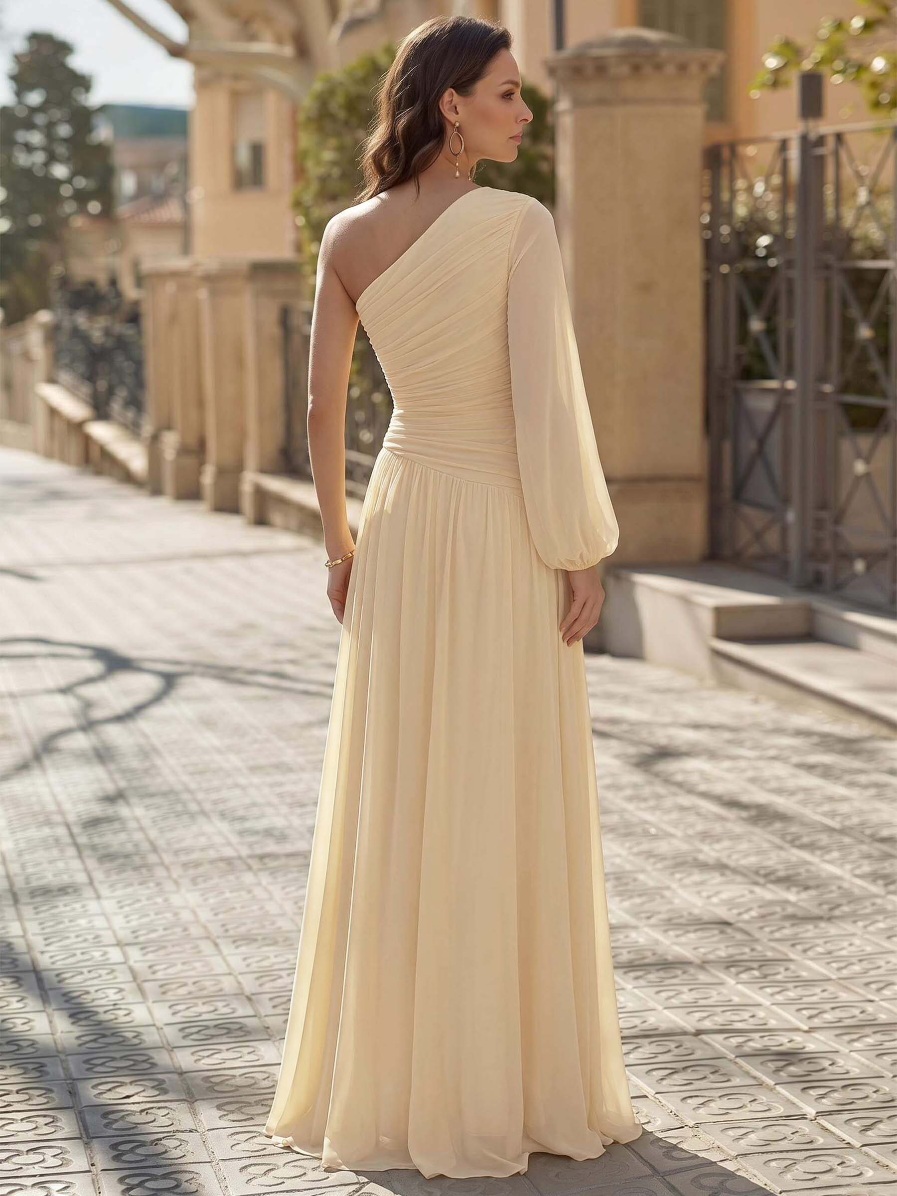 Sheath/Column One-Shoulder Long Sleeves Floor-Length Chiffon Evening Dresses With Pleated, supplier image 2