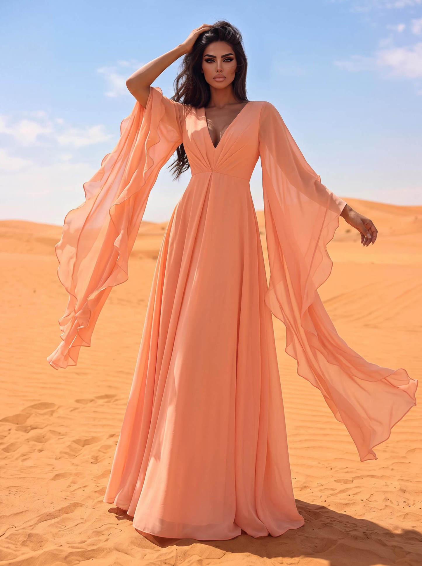 A-Line V-Neck Long Sleeves Sweep Train Chiffon Evening Dresses With Ruffle in As Picture, US2
