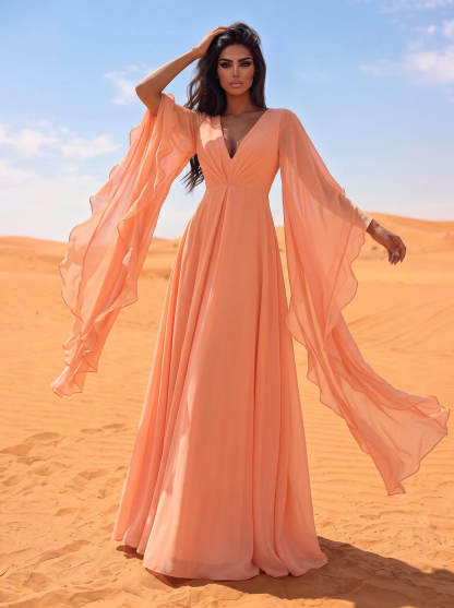 A-Line V-Neck Long Sleeves Sweep Train Chiffon Evening Dresses With Ruffle in As Picture, US2