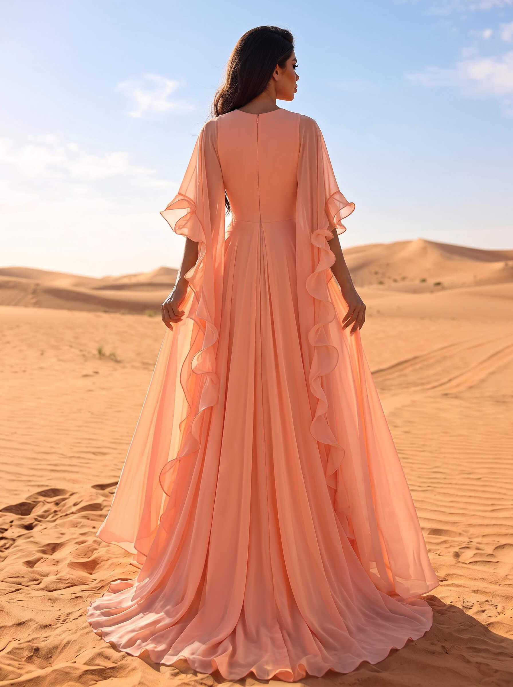 A-Line V-Neck Long Sleeves Sweep Train Chiffon Evening Dresses With Ruffle, supplier image 2