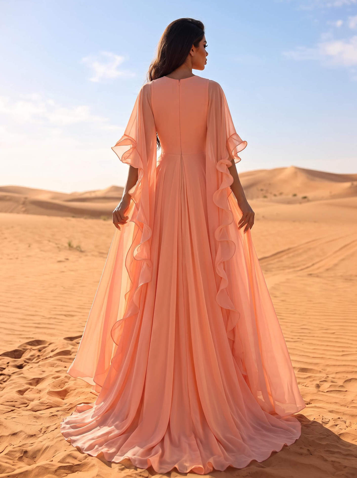 A-Line V-Neck Long Sleeves Sweep Train Chiffon Evening Dresses With Ruffle, supplier image 2