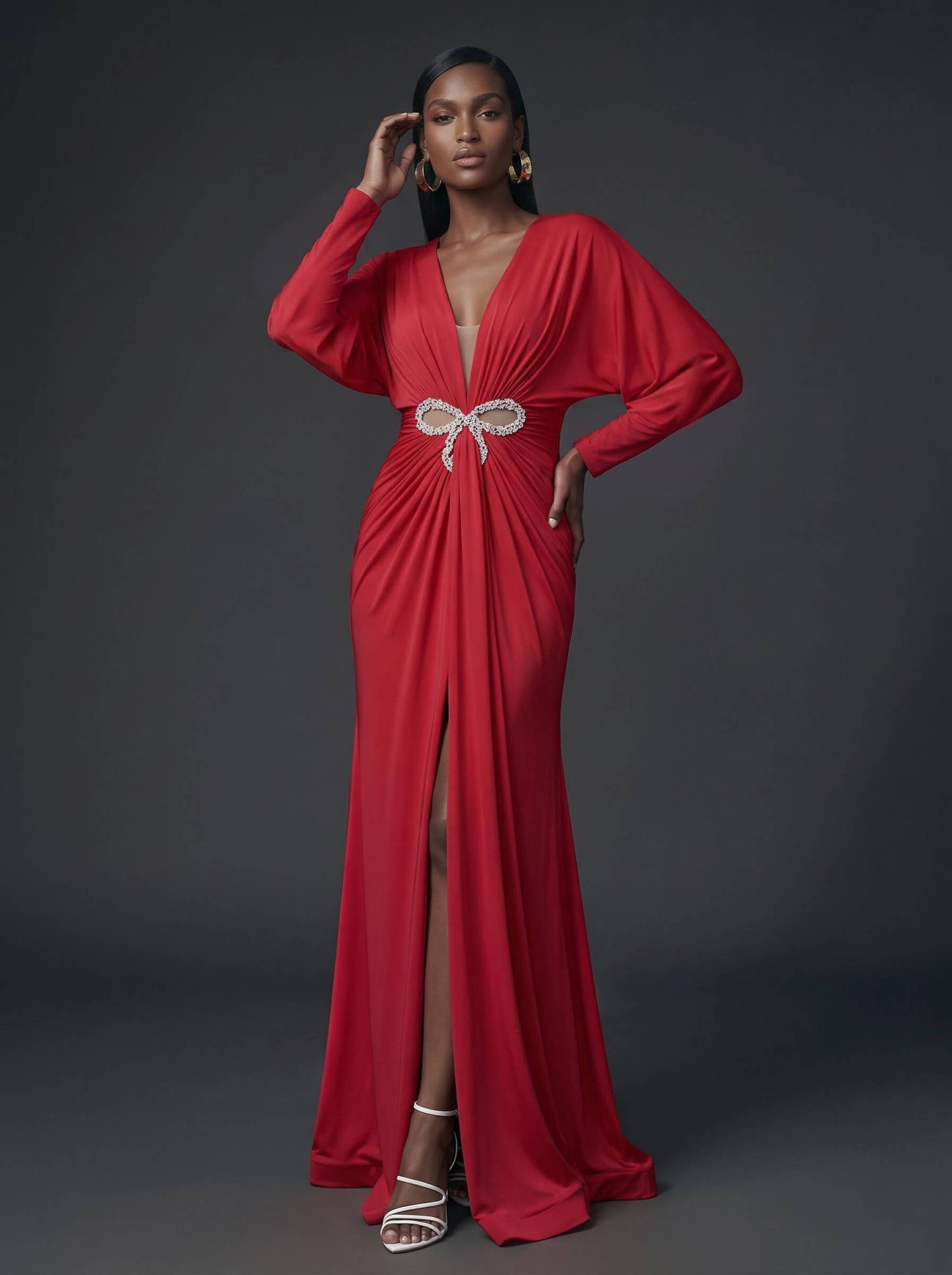 V-Neck Long Sleeves Beading Evening Dresses in Red, US2
