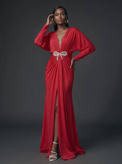 V-Neck Long Sleeves Beading Evening Dresses in Red, US2