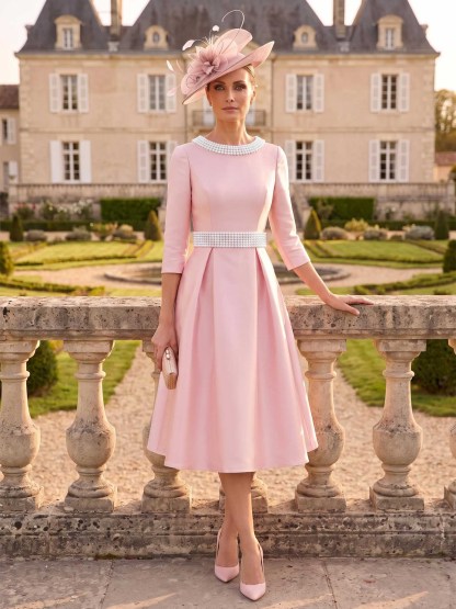 A-Line Scoop Neck 3/4 Sleeves Tea-Length Satin Evening Dresses With Beading in Blushing Pink, US2