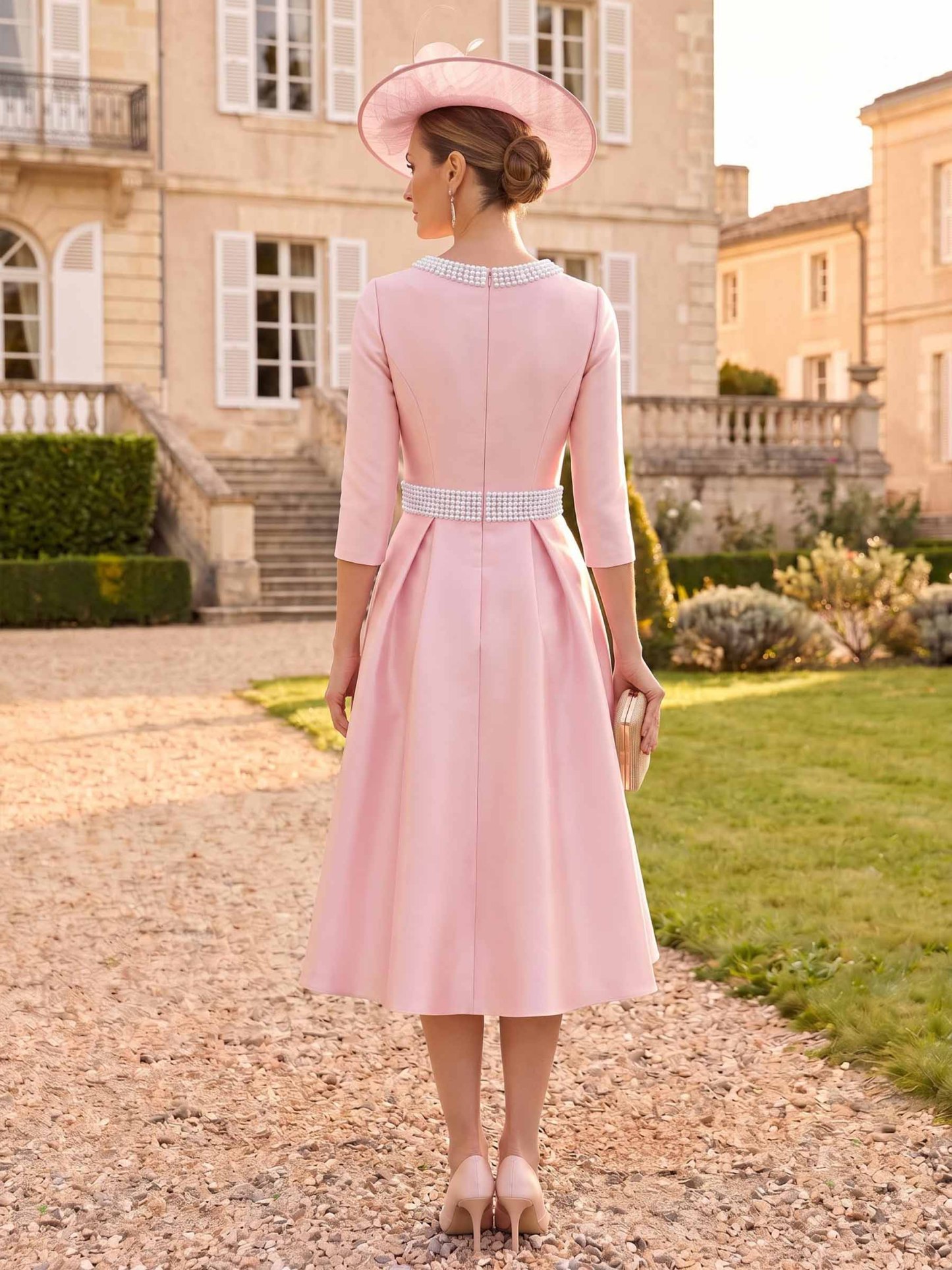 A-Line Scoop Neck 3/4 Sleeves Tea-Length Satin Evening Dresses With Beading, supplier image 2