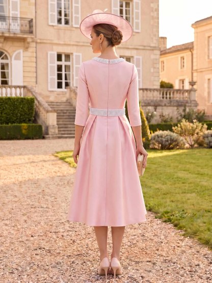 A-Line Scoop Neck 3/4 Sleeves Tea-Length Satin Evening Dresses With Beading, supplier image 2