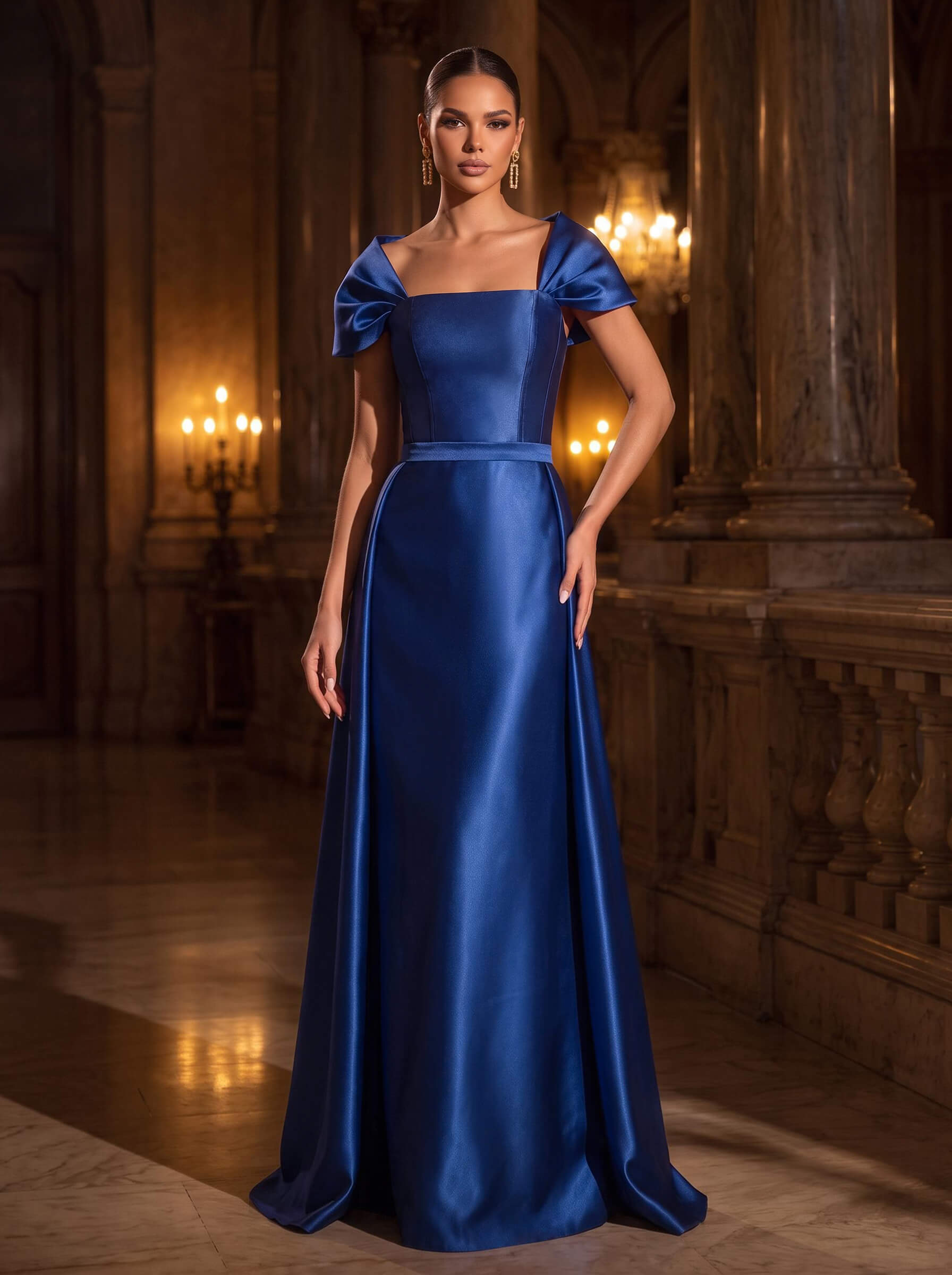 A-Line Square Neckline Short Sleeves Sweep Train Satin Mother Of The Bride Dresses in Royal Blue, US2