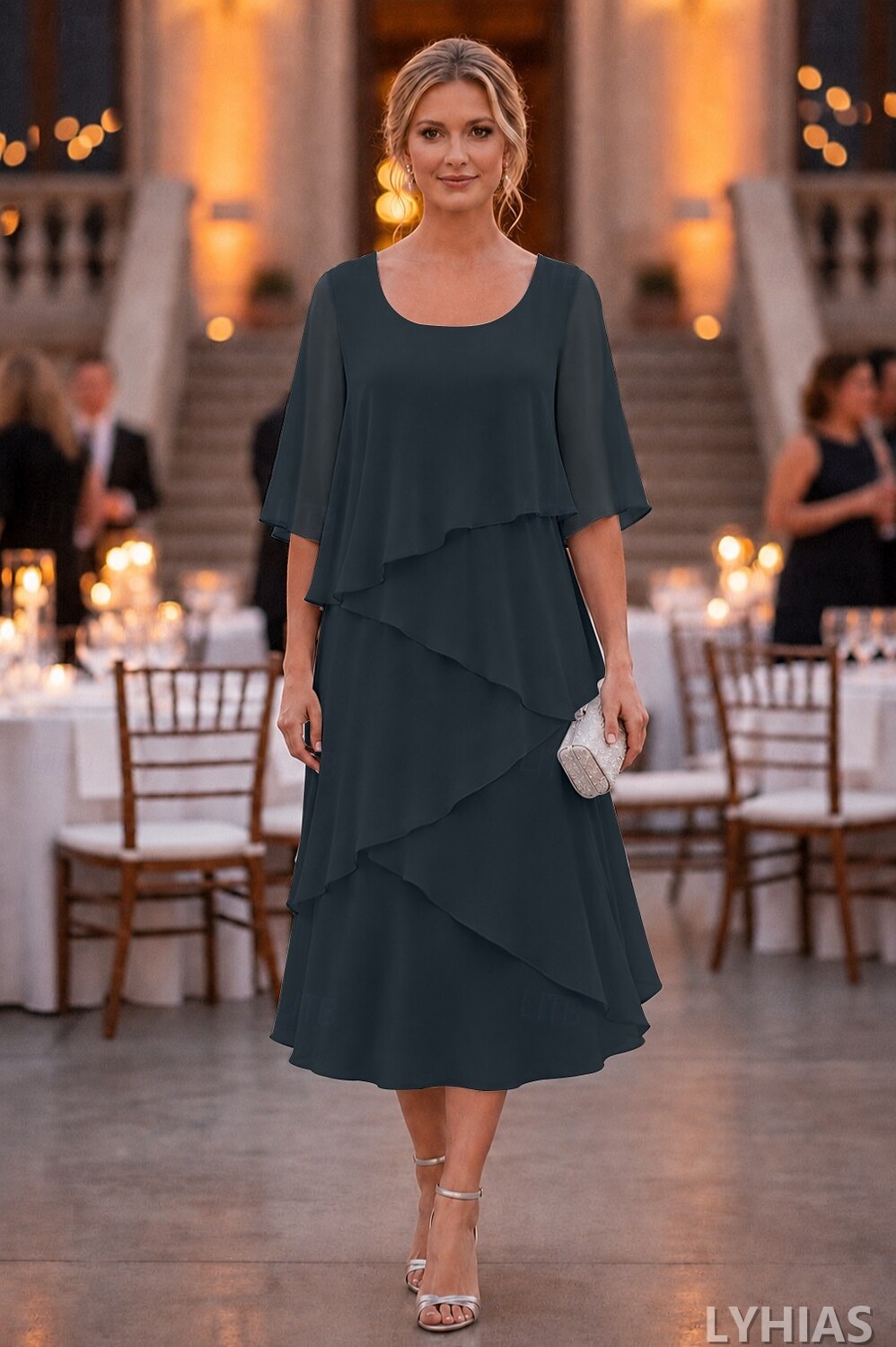 A-Line Mother of the Bride Dresses Ankle Length with Ruffles Half Sleeve Scoop Neck Chiffon Elegant