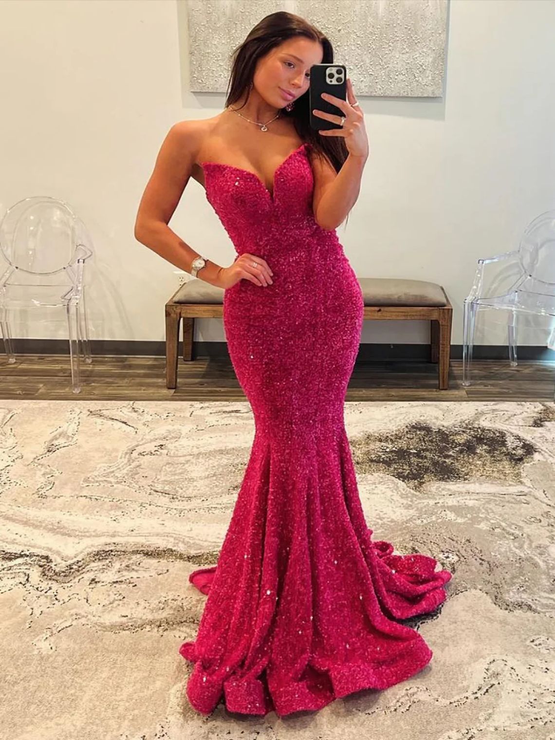 Mermaid Fuchsia Glitter Strapless Keyhole Back Sequin Long Prom Dress
