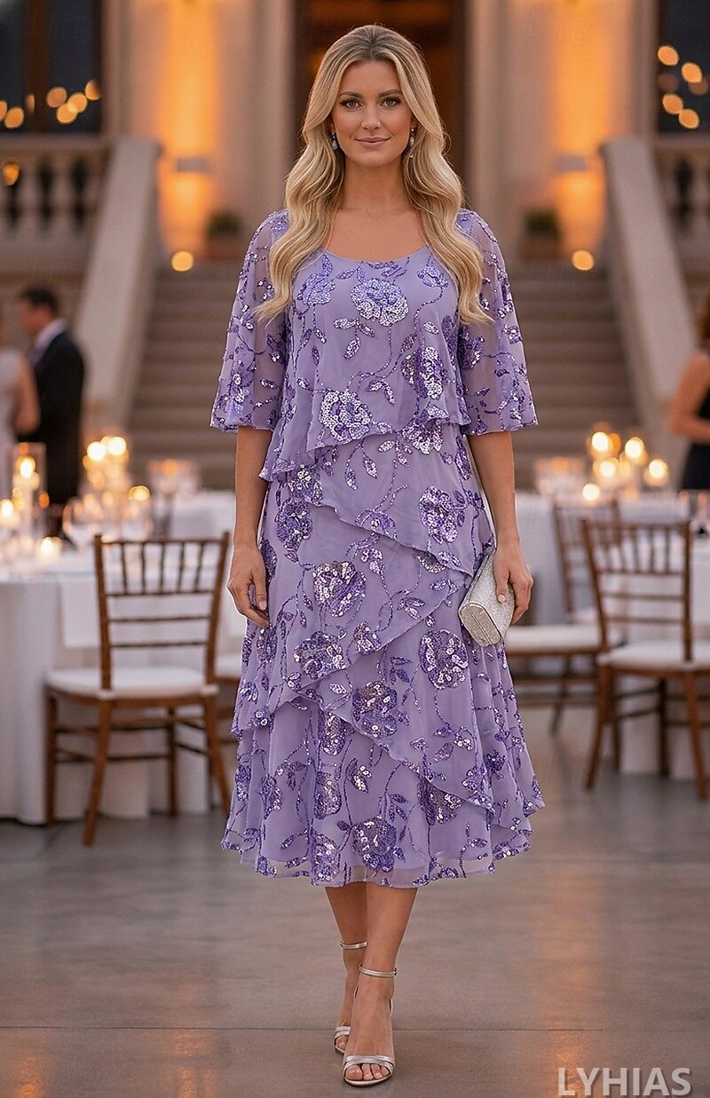 A-Line Mother of the Bride Dresses Ankle Length with Ruffles Half Sleeve Scoop Neck Chiffon Elegant