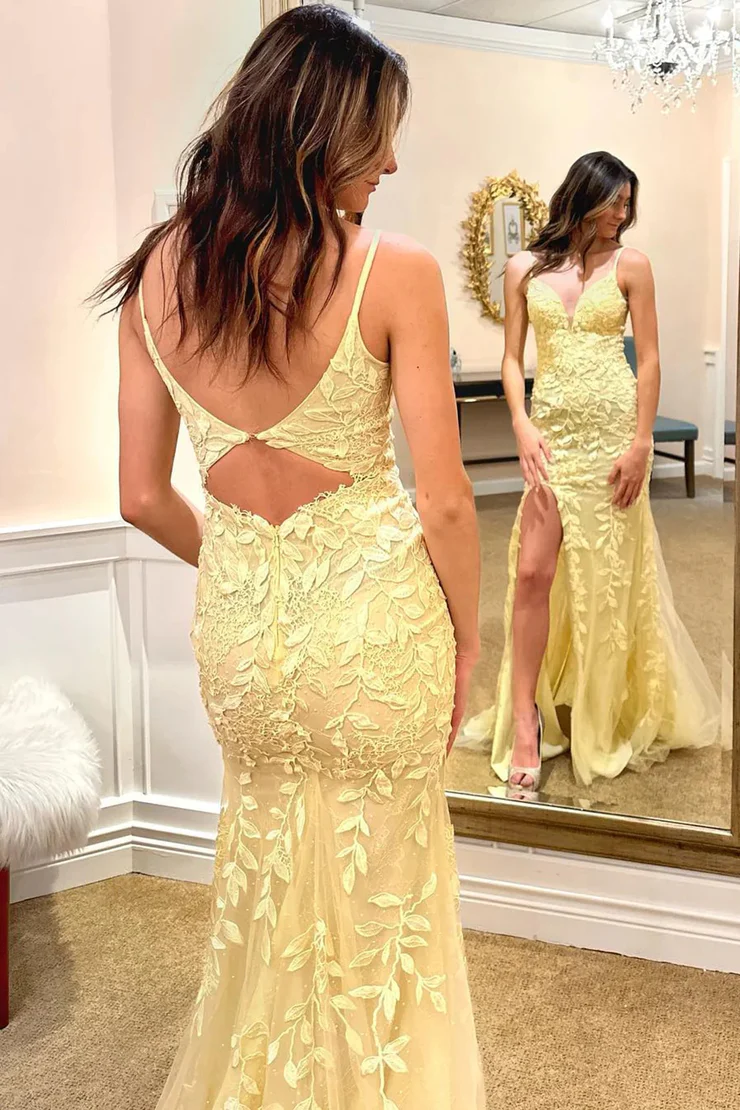 Mermaid / Trumpet Spaghetti Straps Lace Appliques Long Prom Dress Elegant Evening Dress