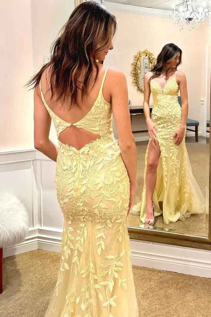 Mermaid / Trumpet Spaghetti Straps Lace Appliques Long Prom Dress Elegant Evening Dress