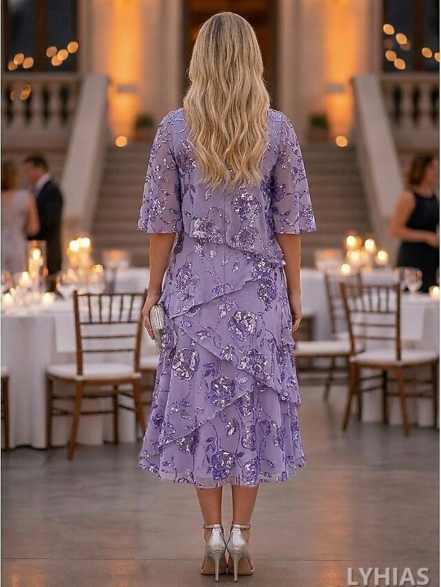 A-Line Mother of the Bride Dresses Ankle Length with Ruffles Half Sleeve Scoop Neck Chiffon Elegant