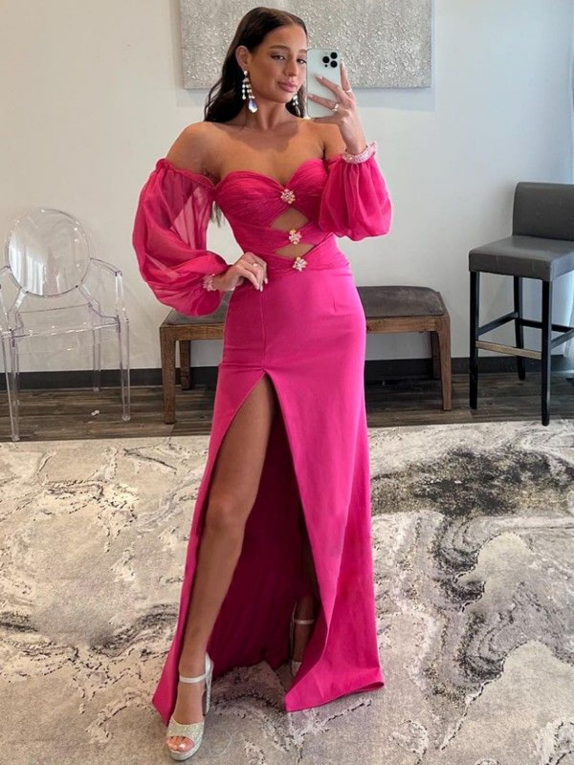 Sheath/Column Chiffon Ruched Off-the-Shoulder Long Sleeves Dresses