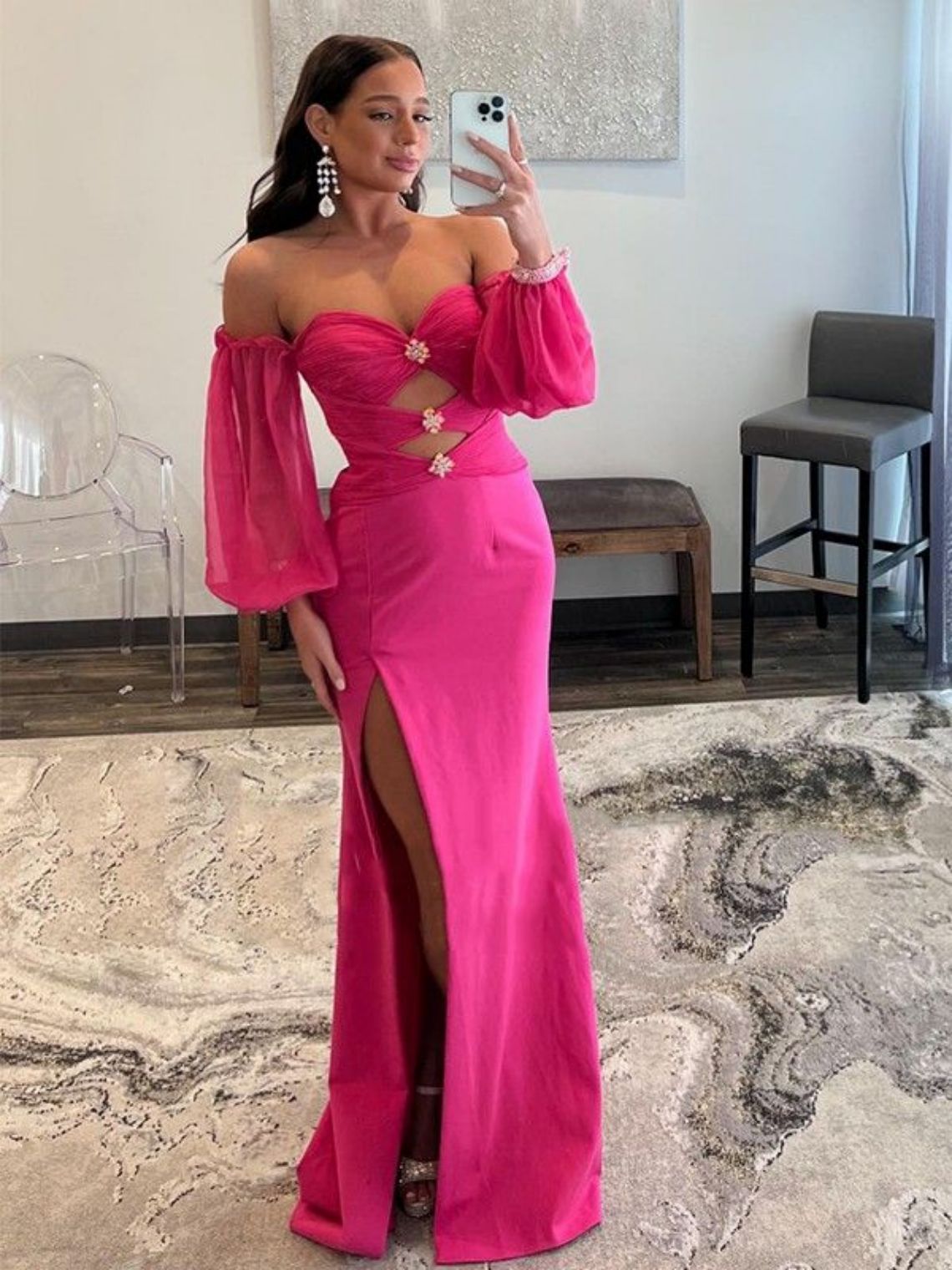 Sheath/Column Chiffon Ruched Off-the-Shoulder Long Sleeves Dresses