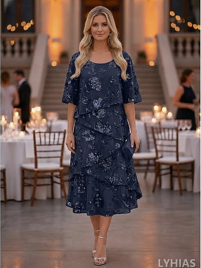 A-Line Mother of the Bride Dresses Ankle Length with Ruffles Half Sleeve Scoop Neck Chiffon Elegant