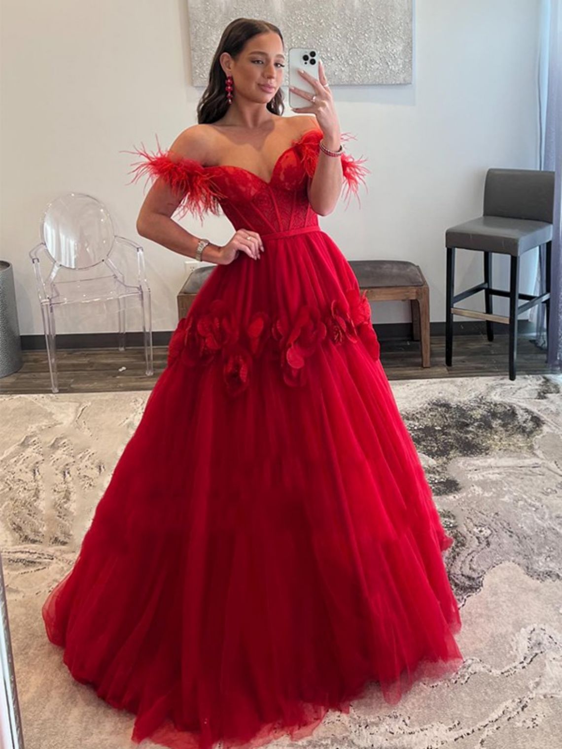Ball Gown Tulle Feathers/Fur Off-the-Shoulder Sweep Train Dresses