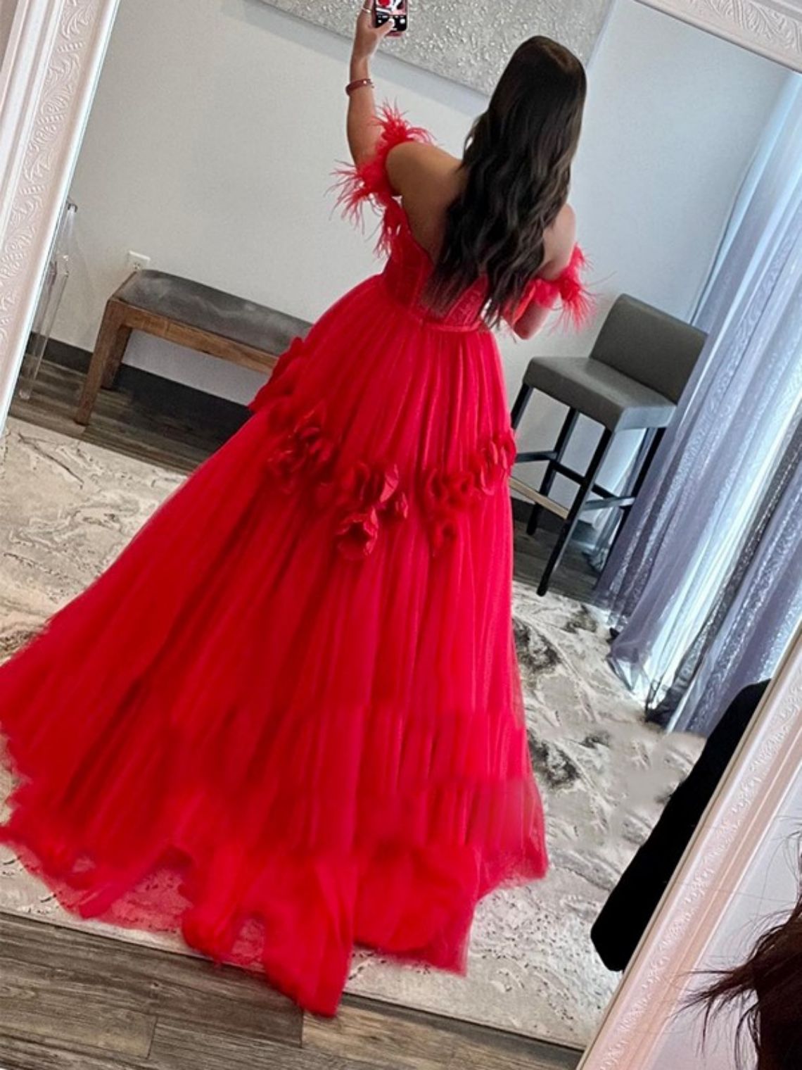 Ball Gown Tulle Feathers/Fur Off-the-Shoulder Sweep Train Dresses