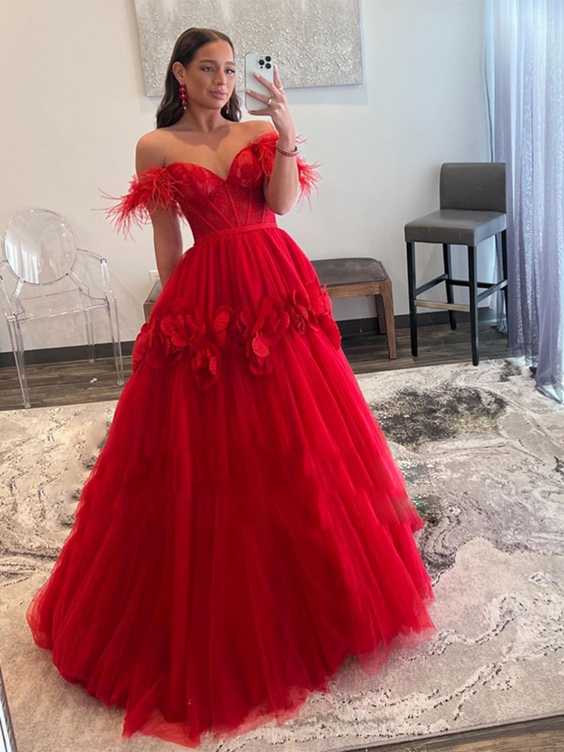 Ball Gown Tulle Feathers/Fur Off-the-Shoulder Sweep Train Dresses