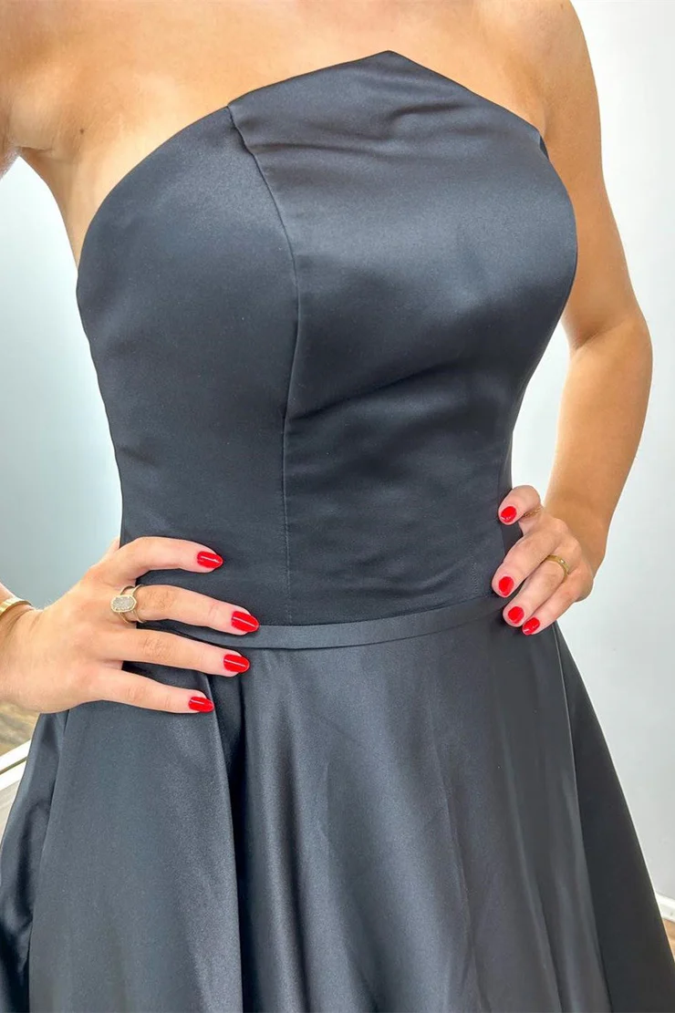Black A-Line&Princess Sweep/Brush Train Strapless Long Prom Dress Evening Dress