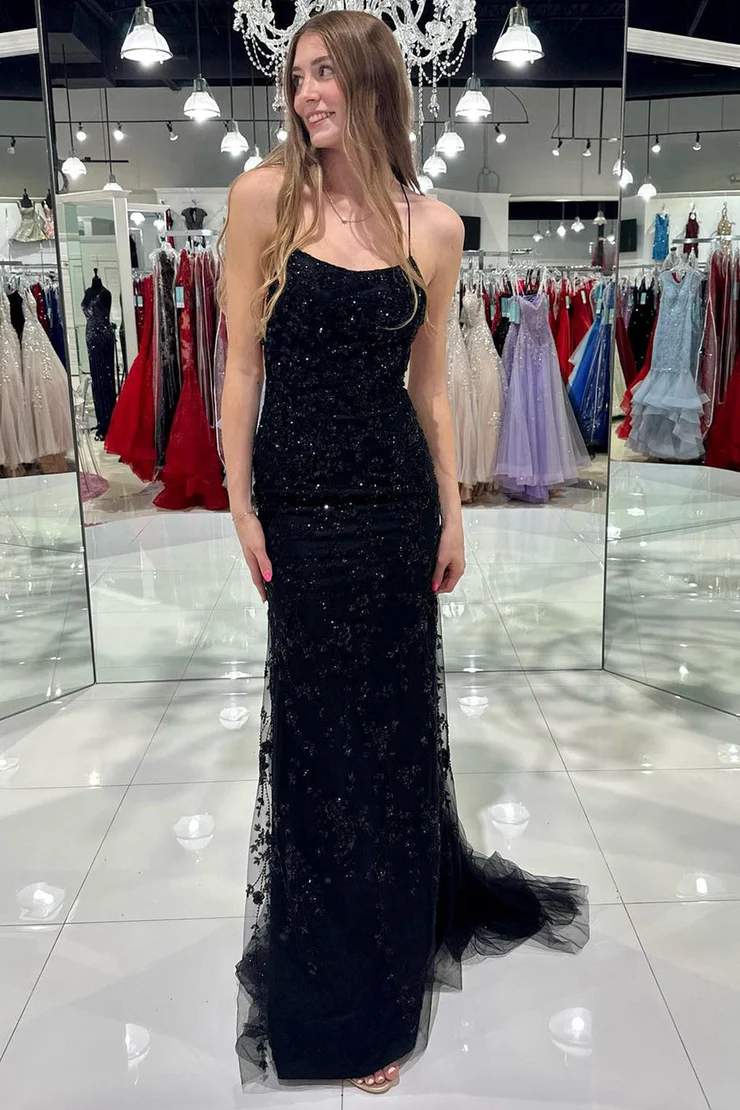 Tulle Mermaid/Trumpet Spaghetti Straps Scoop Neck Lace Appliques Long Dress