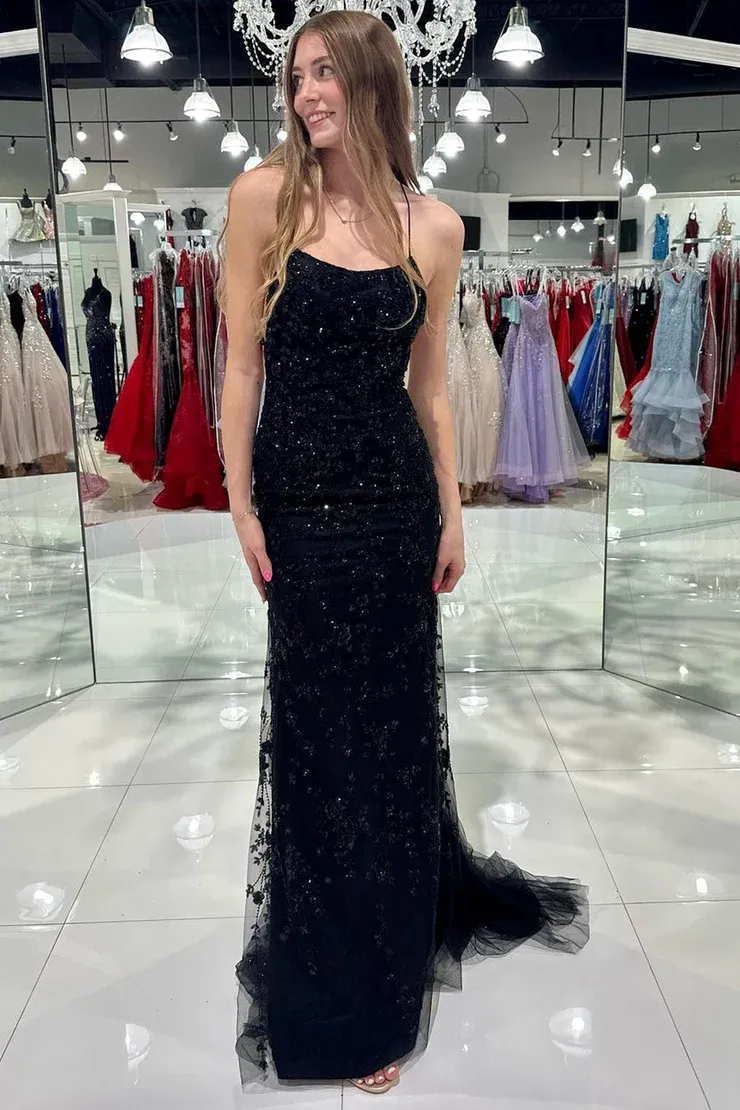 Tulle Mermaid/Trumpet Spaghetti Straps Scoop Neck Lace Appliques Long Dress