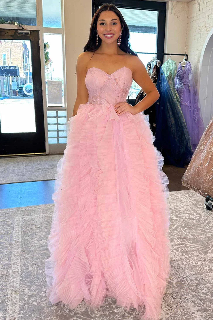 A-Line&Princess Tulle Sweetheart Ruffle Sweep/Brush Train Long Prom Dr