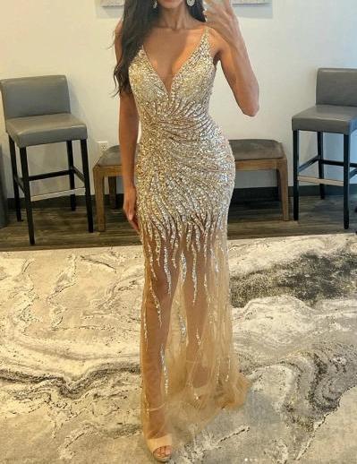 Spaghetti Straps V-Ncek Backless Mermaid Tulle Sequins Prom Dress