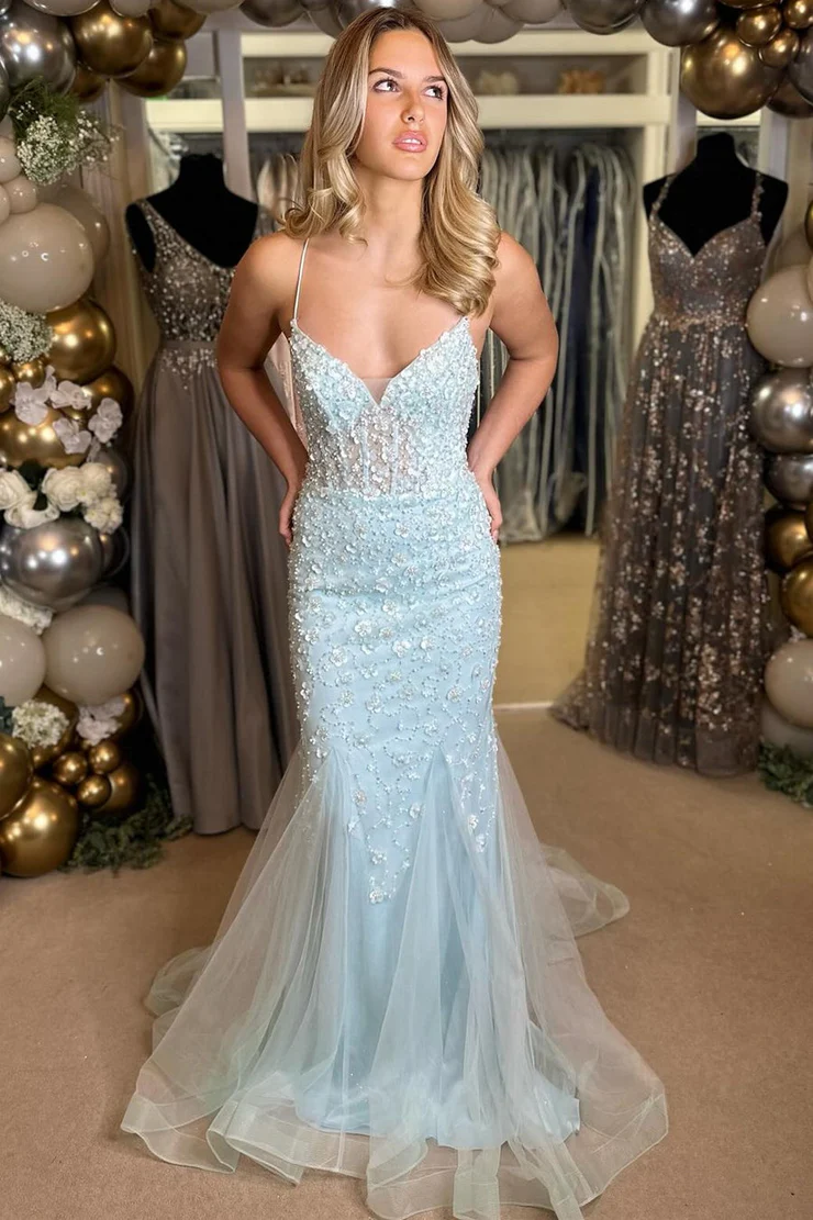 TMermaid/Trumpet V-Neck Lace Floral Appliques Lace-Up Light Blue Long 