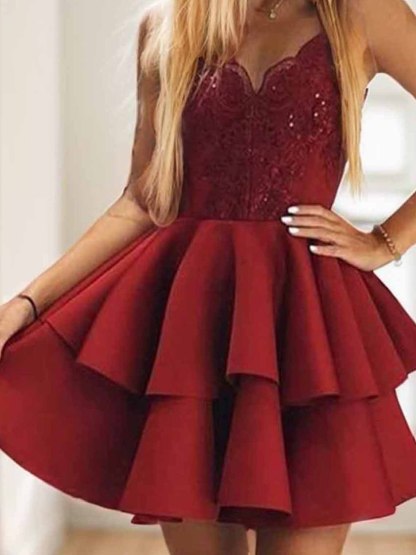 Dress A-Line/Princess V Neck Sleeveless Appliqued Short/Mini Cocktail Dress