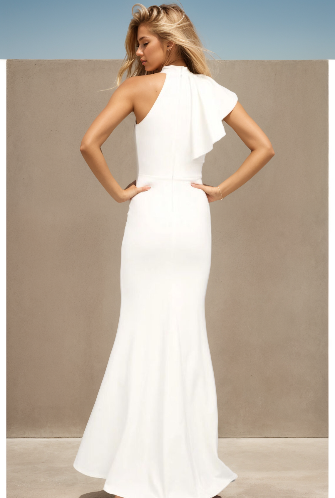 Sheath/Column Evening Gown Elegant Floor Length Sleeveless High Neck Stretch Satin Ruffles 