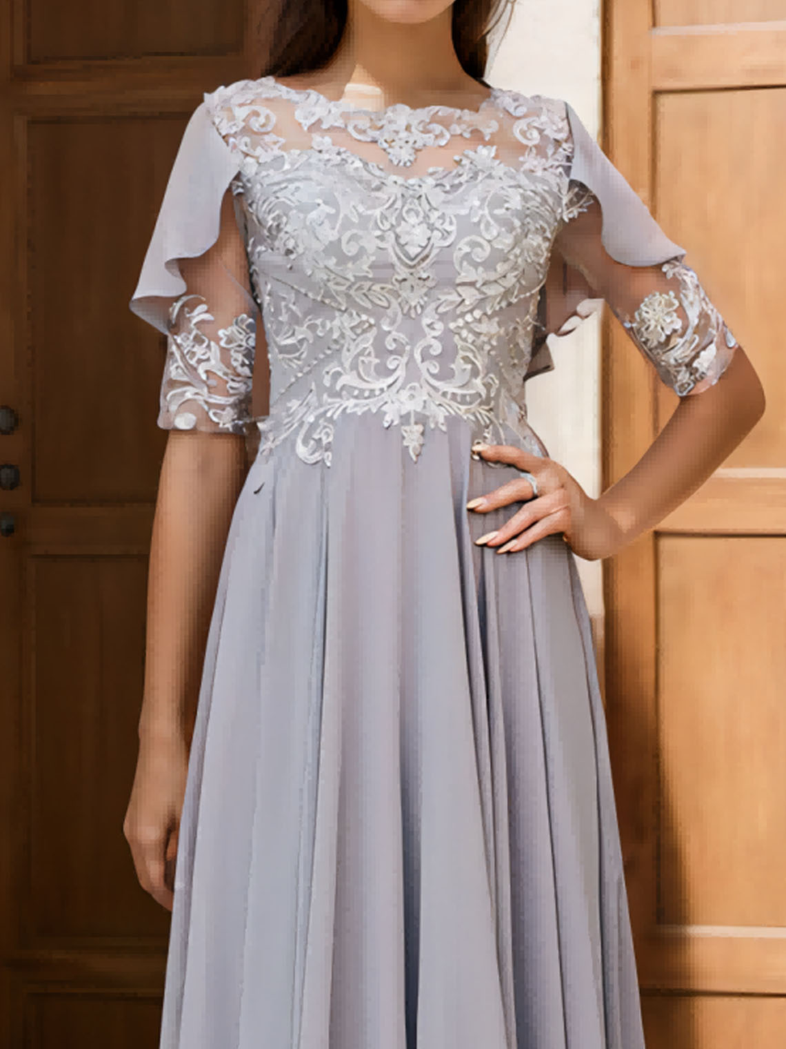 A-Line/Princess Sheer Neck Half Sleeves Long Evening Dresses